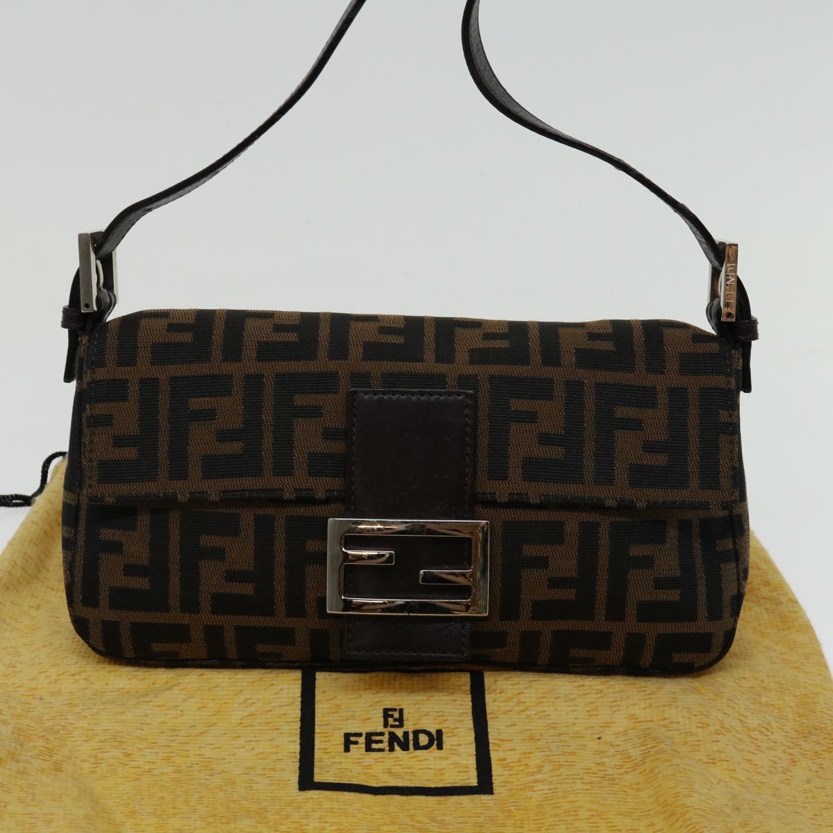 FENDI Zucca Canvas Mamma Baguette Shoulder Bag Black Brown 69666A
