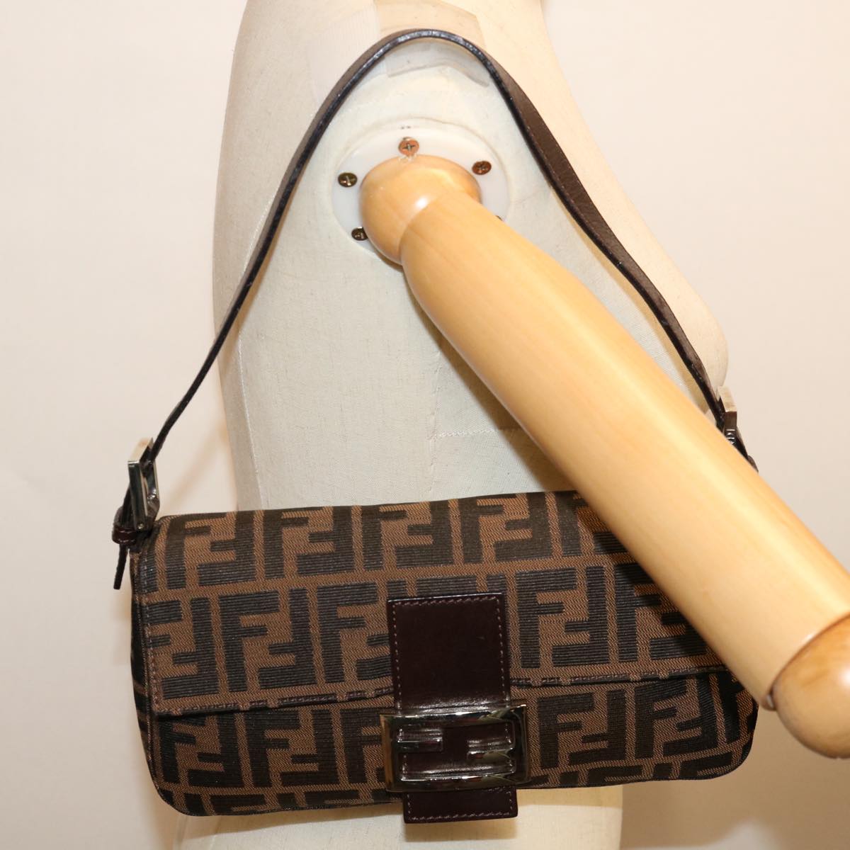 FENDI Zucca Canvas Mamma Baguette Shoulder Bag Black Brown 69666A