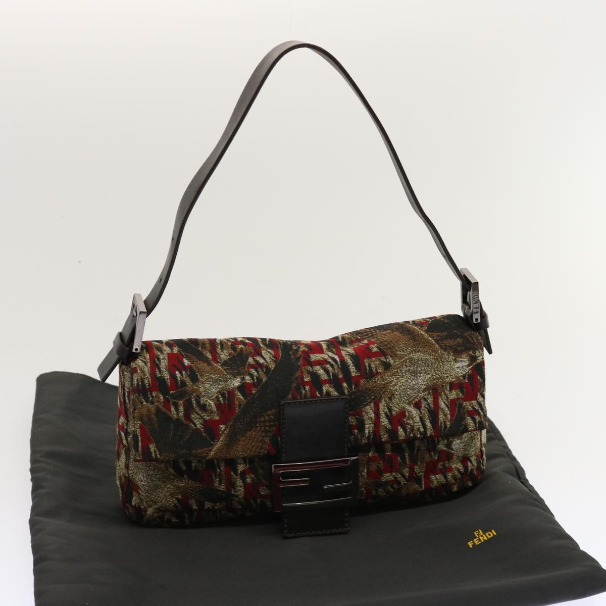 FENDI Zucca Canvas Mamma Baguette Shoulder Bag Brown Red 69972A