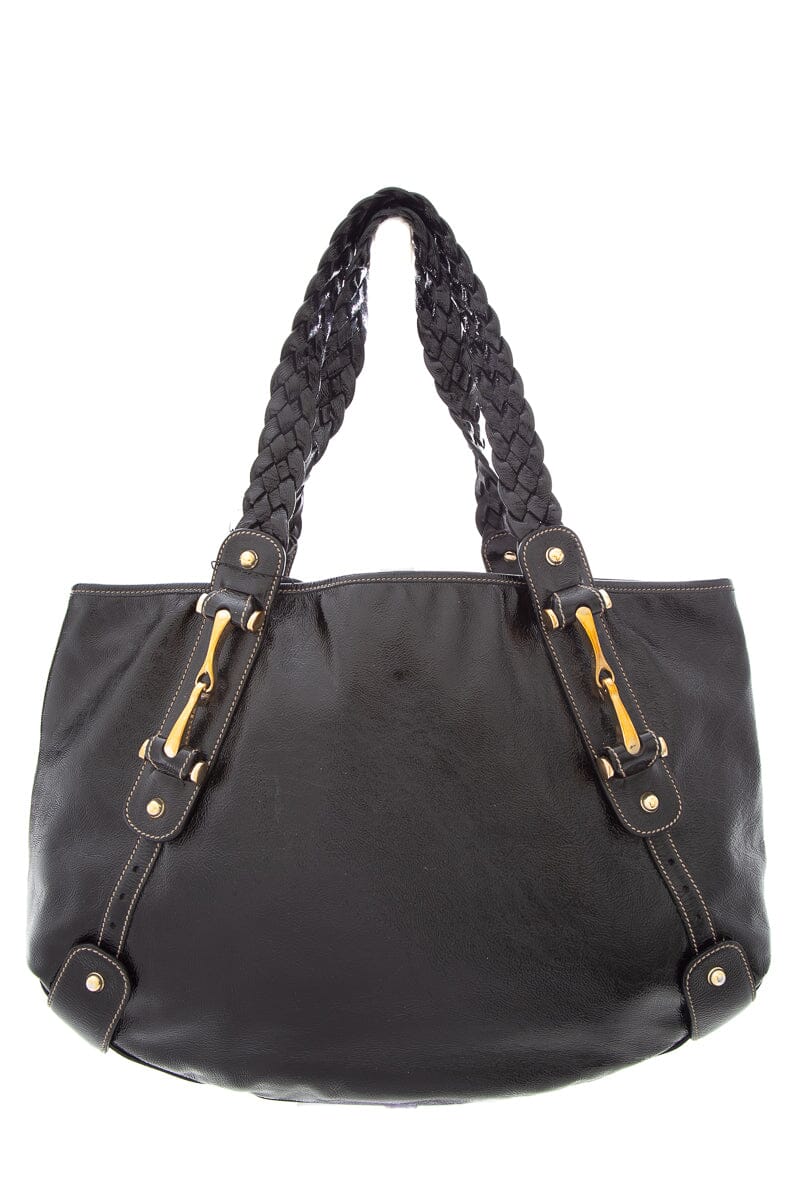 Gucci Black Patent Leather Handbag with Braided Handle and Horsebit Detail