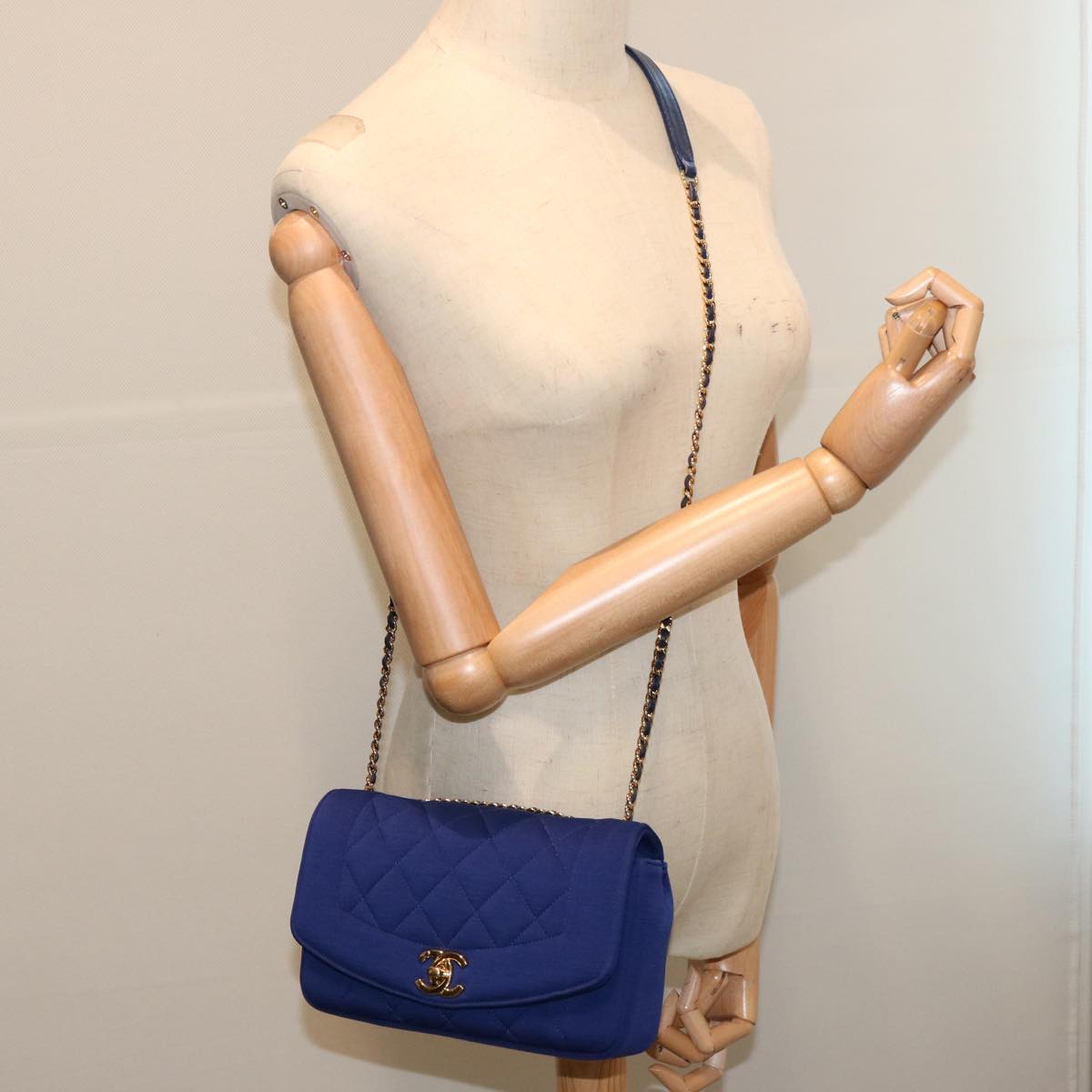 CHANEL Diana Matelasse Chain Shoulder Bag Canvas Blue CC 70391A