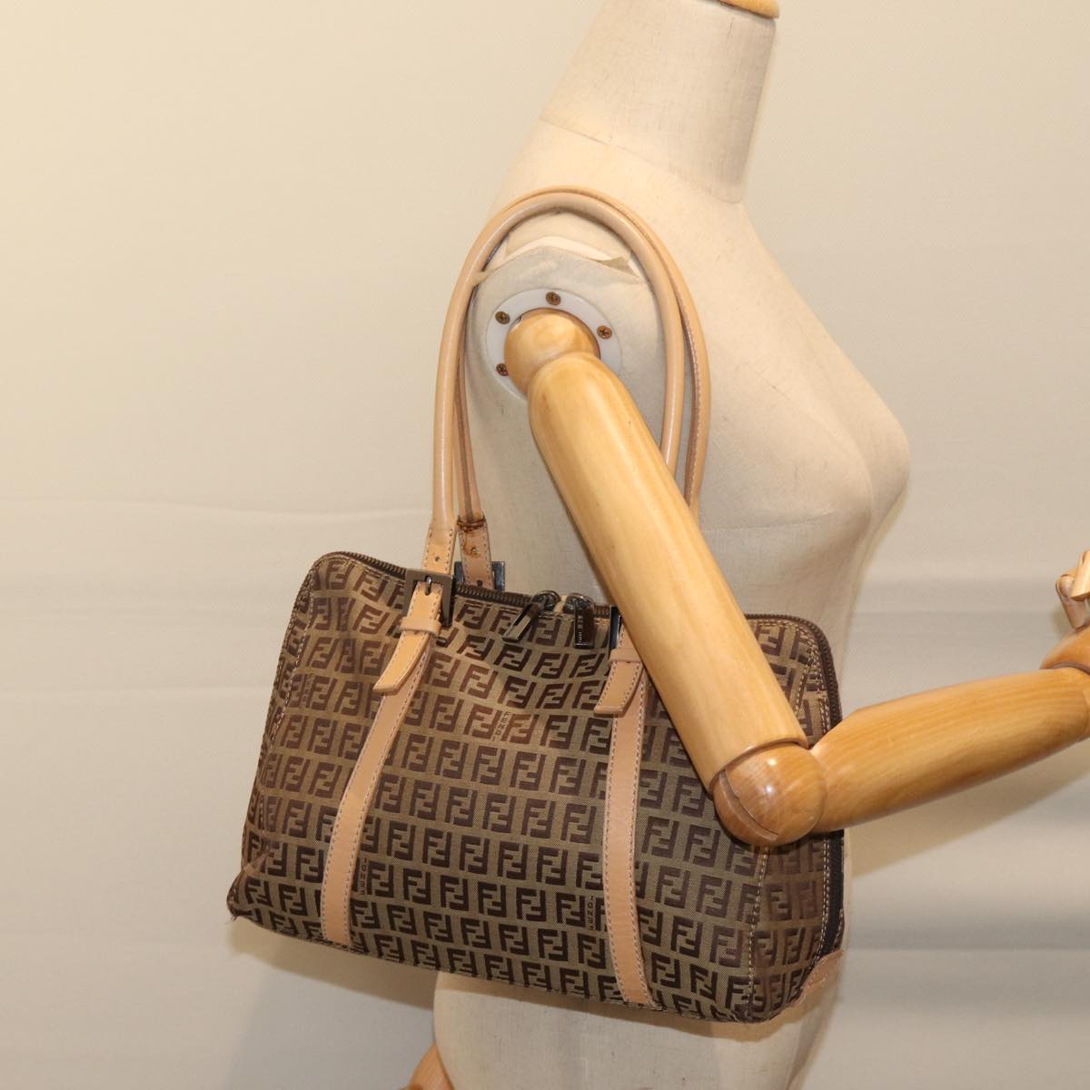 FENDI Zucchino Canvas Hand Bag Canvas Beige Brown 70596