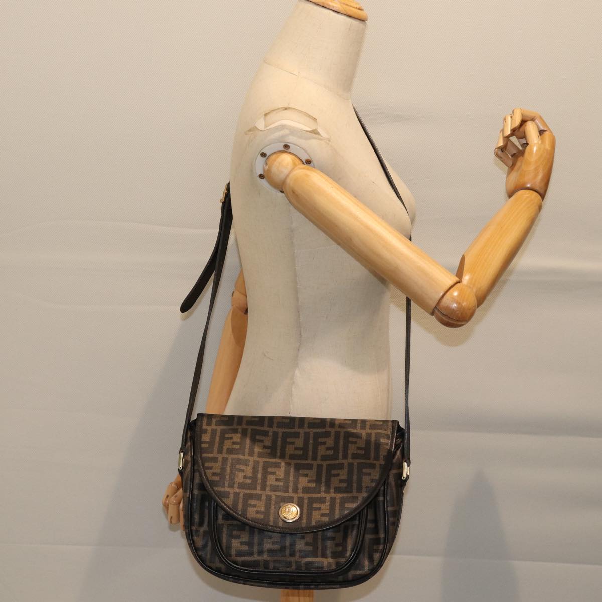 FENDI Zucca Canvas Mamma Baguette Shoulder Bag Black Brown 70814