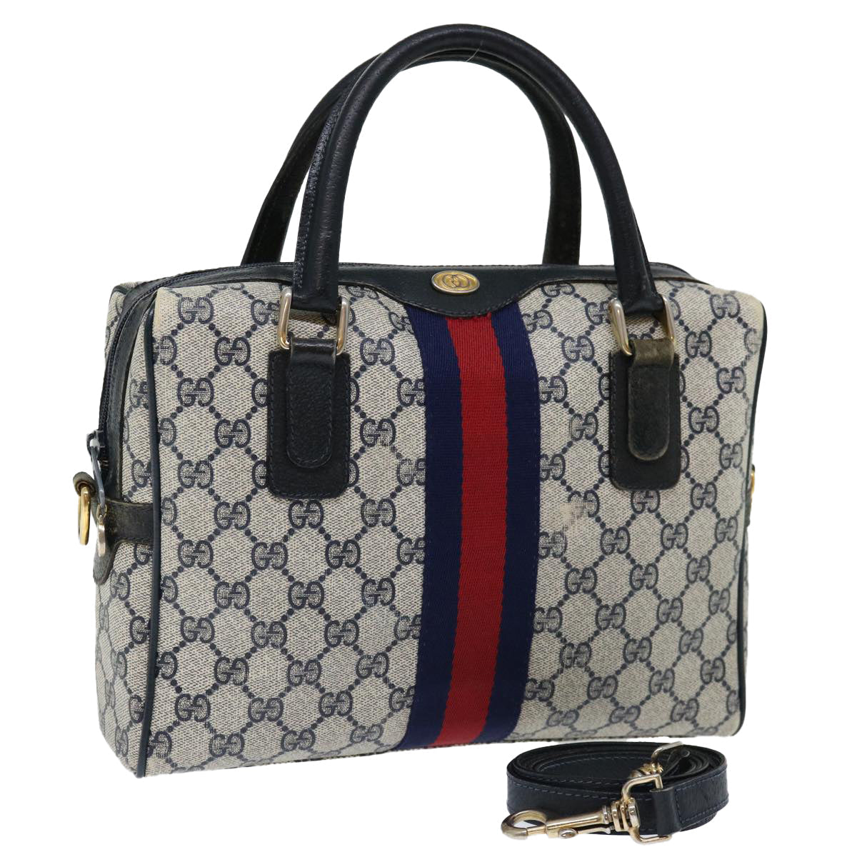 GUCCI GG Canvas Sherry Line Hand Bag PVC 2way Navy Red 71079
