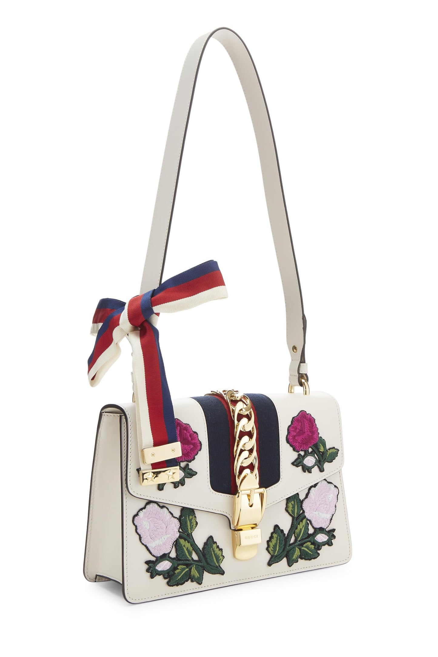 Gucci,  White Floral Embroidered Leather Sylvie Shoulder Bag Small, White