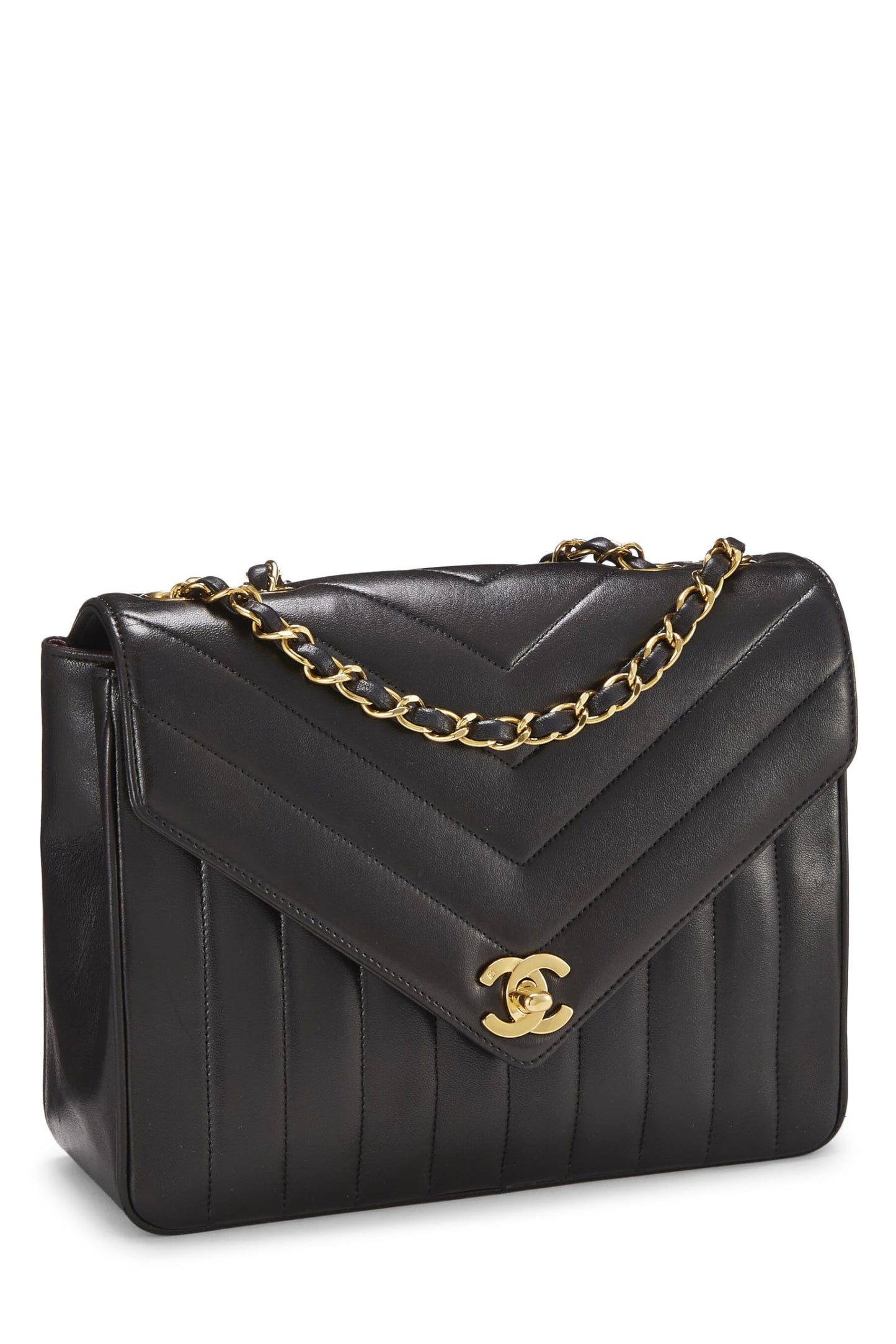 Chanel,  Black Lambskin Chevron Envelope Flap Small, Black