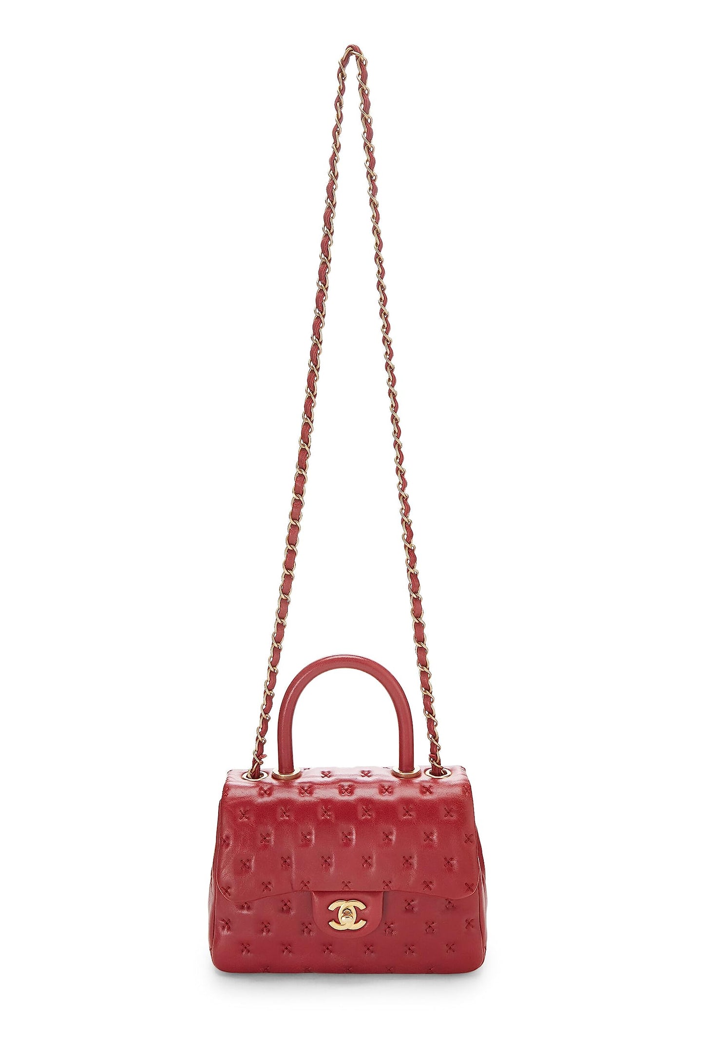 Chanel,  Red Cross Stitch Lambskin Coco Handle Bag Mini, Red