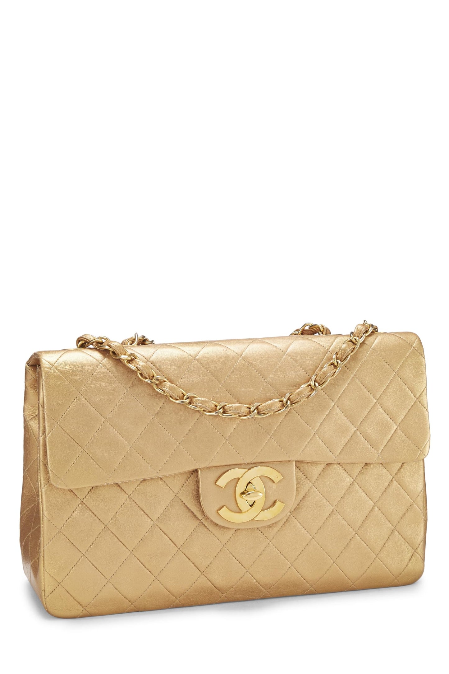 Chanel,  Gold Quilted Lambskin Half Flap Jumbo, Gold