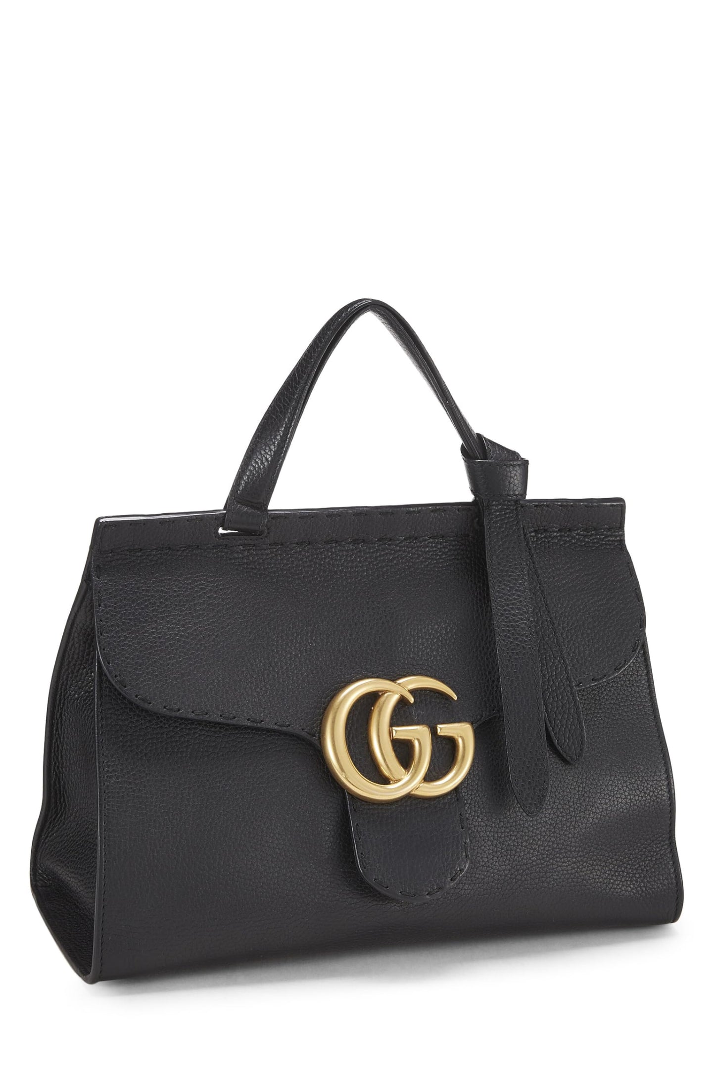 Gucci,  Black Leather GG Marmont Top Handle Flap Bag Small, Black