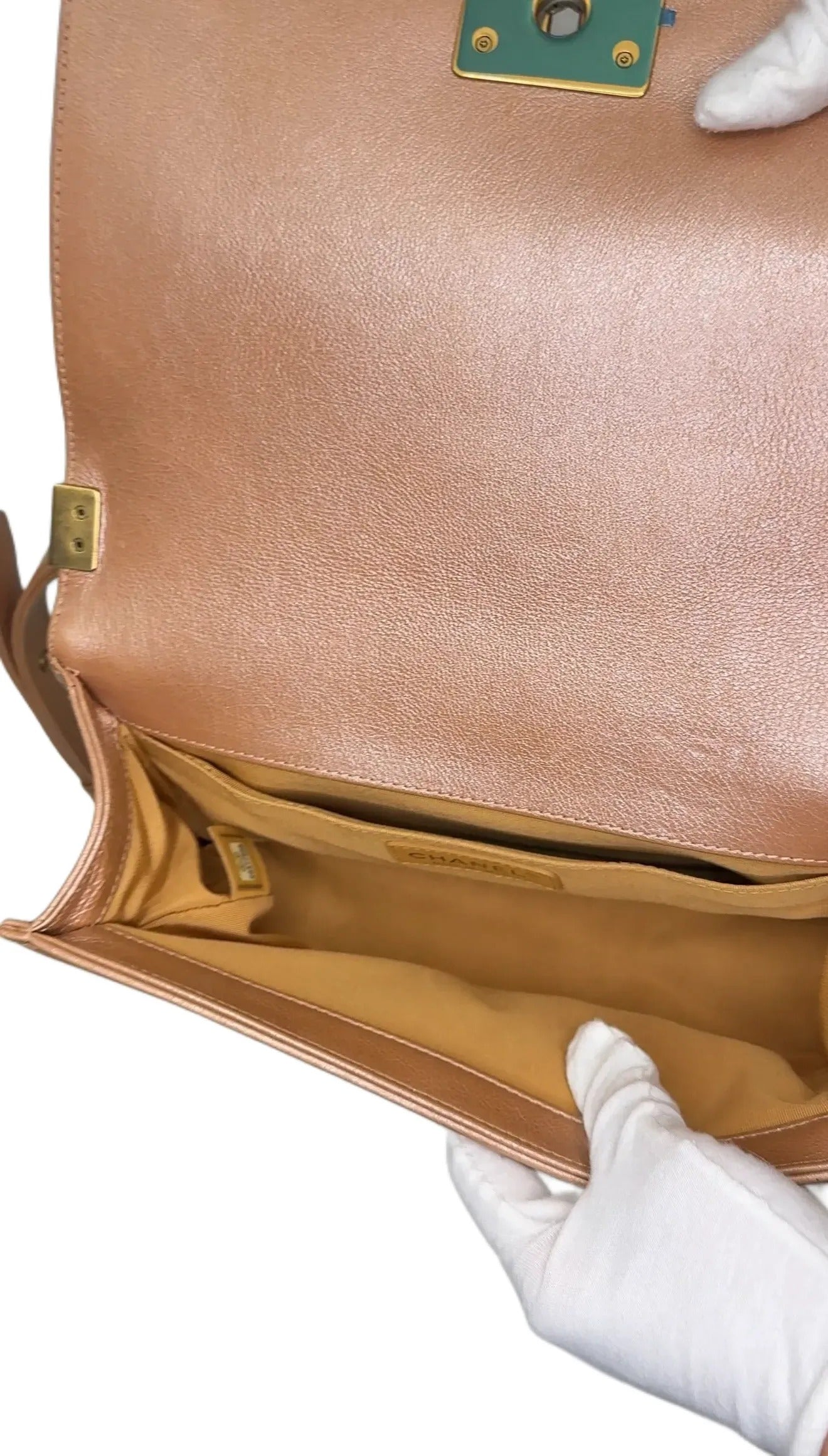 Chanel Iridescent Beige Quilted Shiny Leather New Medium Boy Bag B4-39