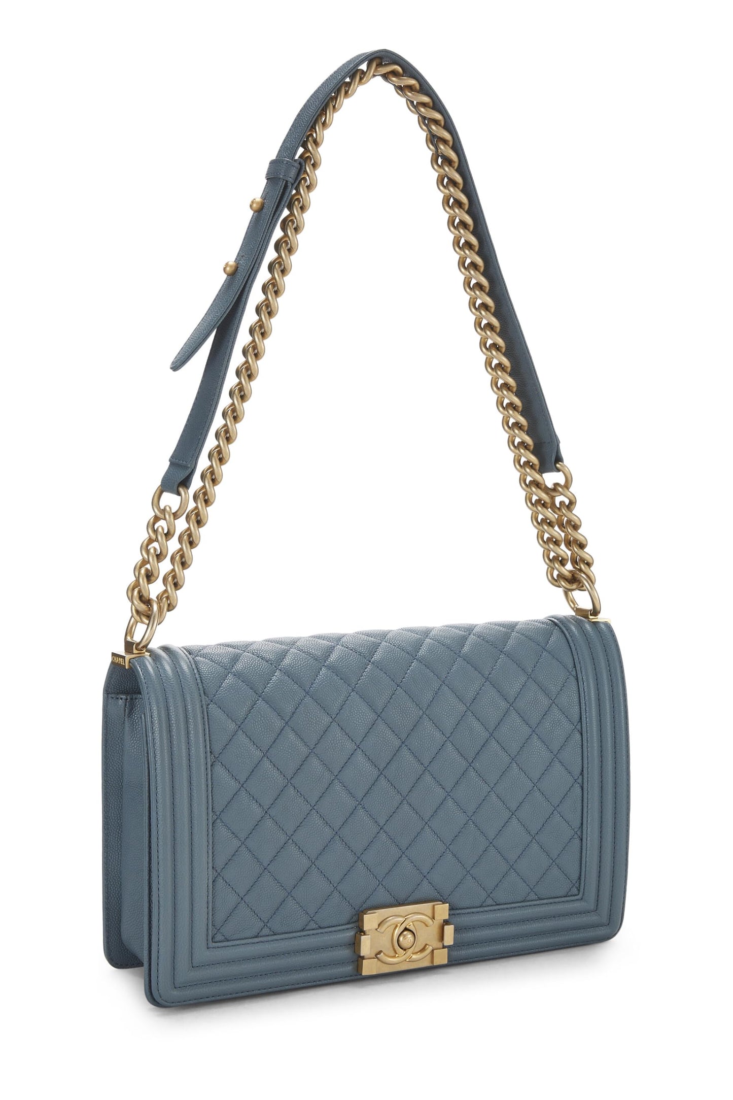 Chanel,  Blue Quilted Caviar Boy Bag Medium, Blue