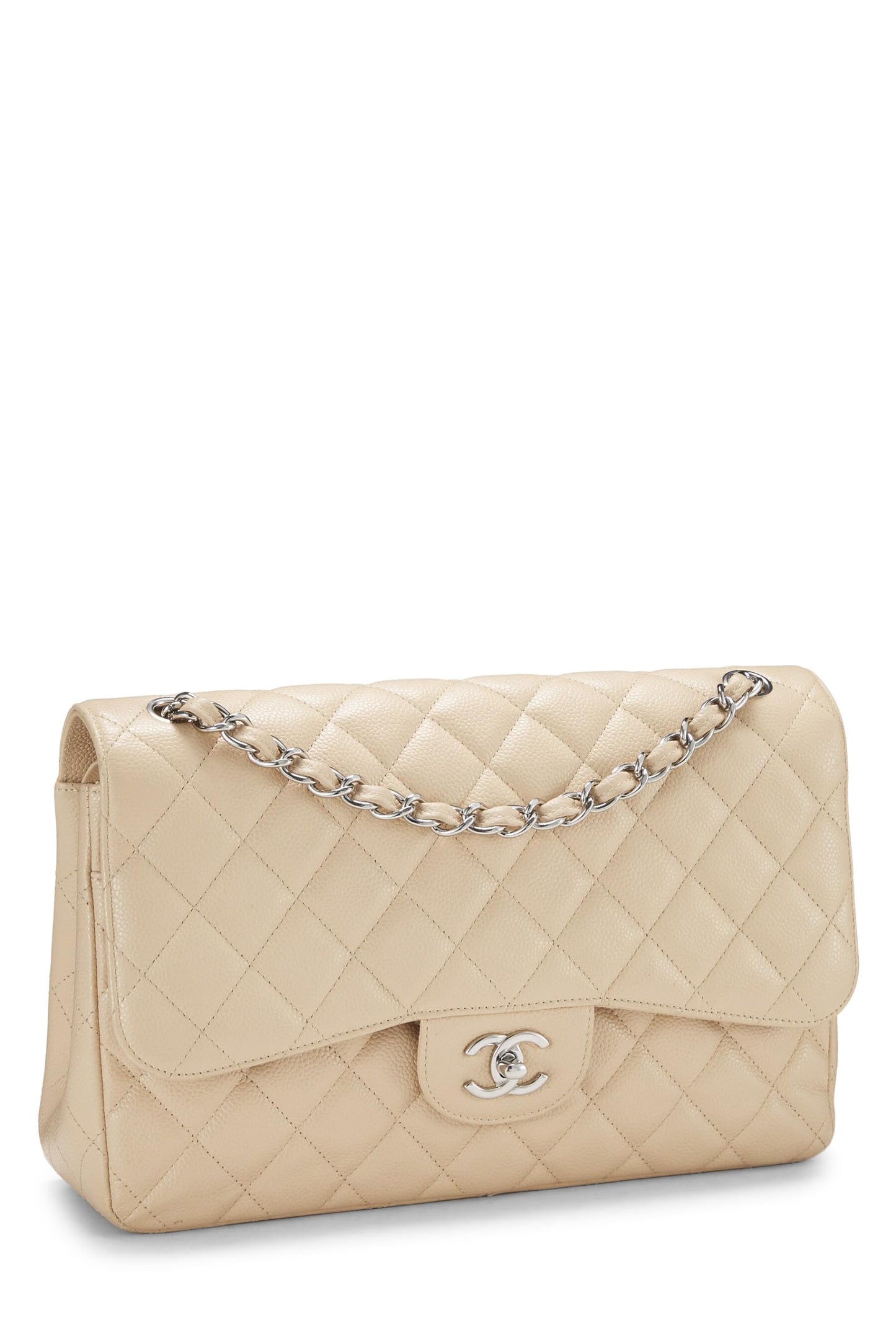 Chanel,  Beige Quilted Caviar New Classic Double Flap Jumbo, Beige