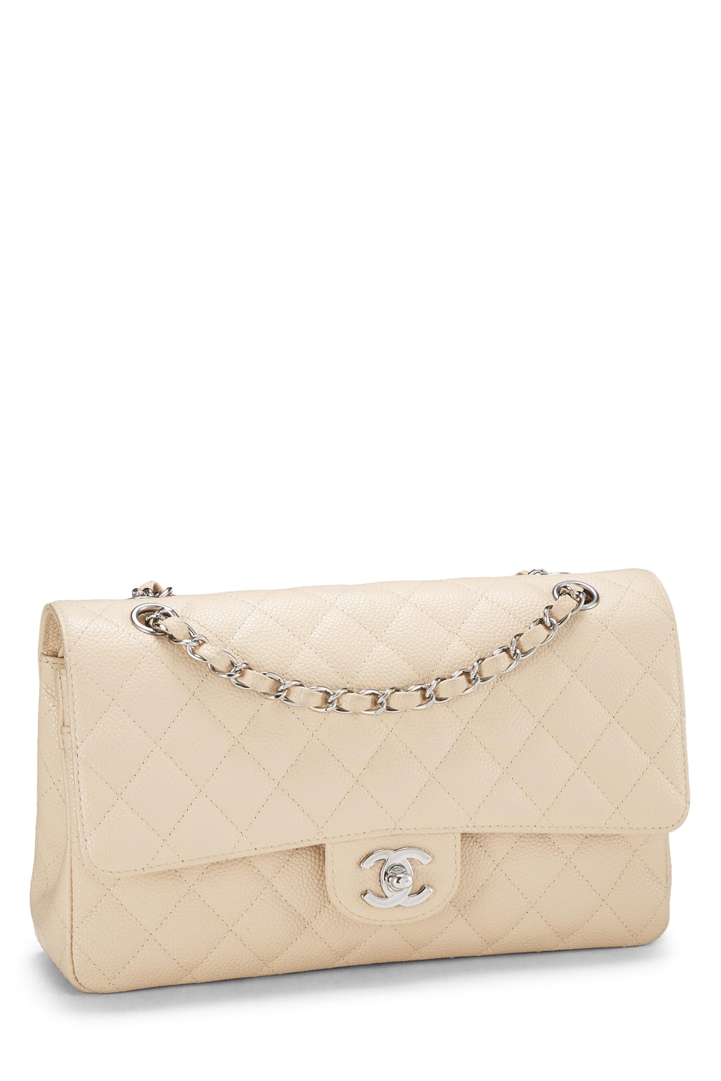 Chanel,  Beige Quilted Caviar Classic Double Flap Medium, Beige