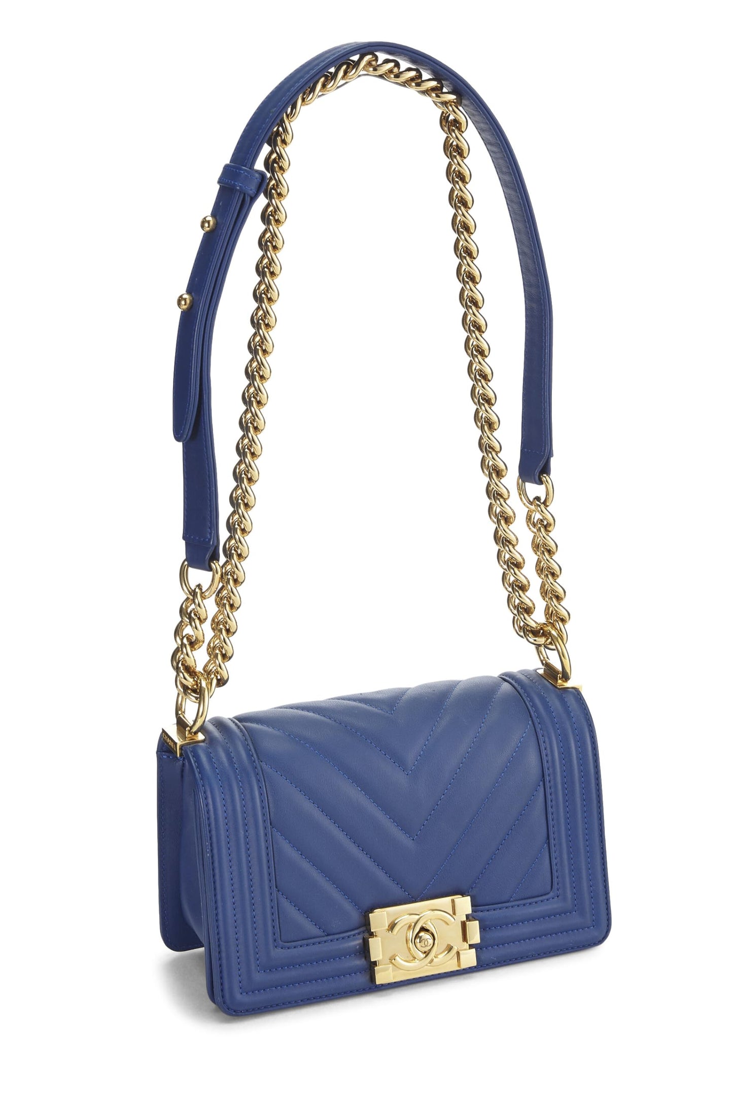 Chanel,  Blue Lambskin Chevron Boy Bag Small, Blue