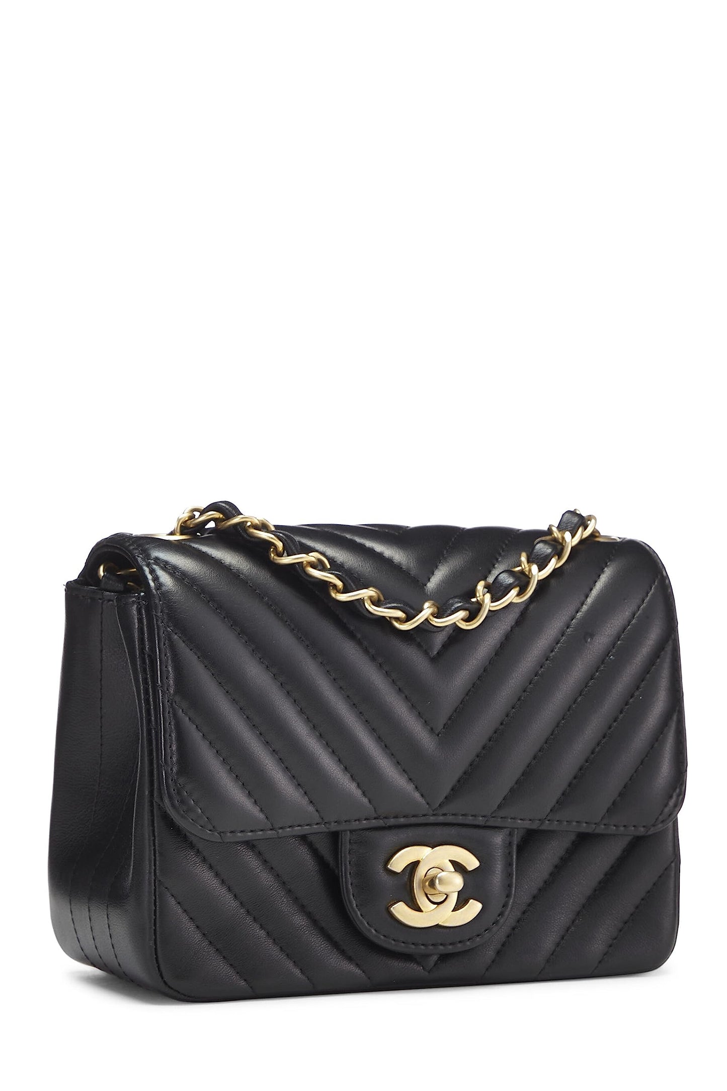 Chanel,  Black Chevron Lambskin Square Flap Mini, Black