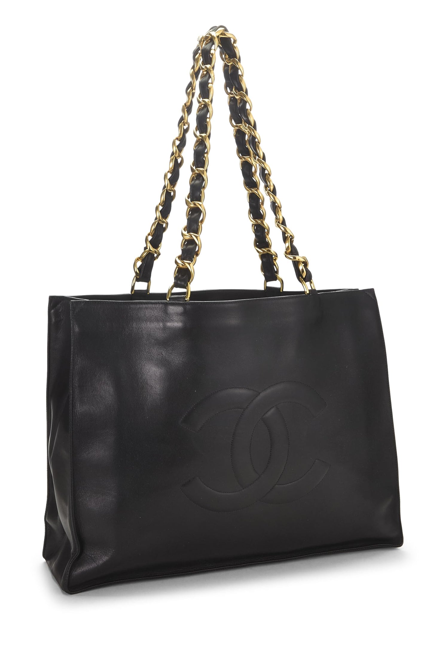 Chanel,  Black Lambskin Flat Chain Handle Tote Medium, Black