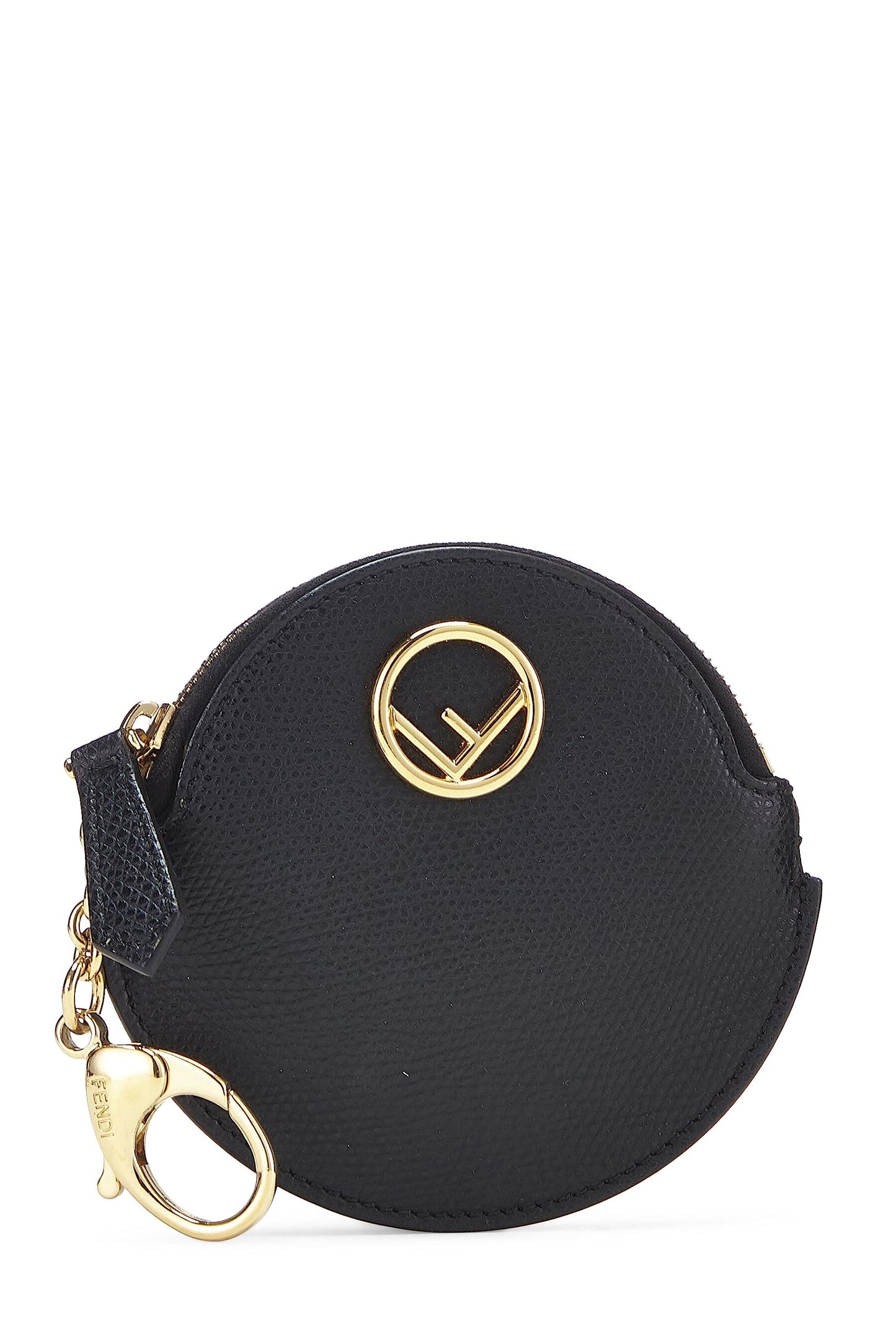 Fendi,  Black Leather Round Coin Purse, Black