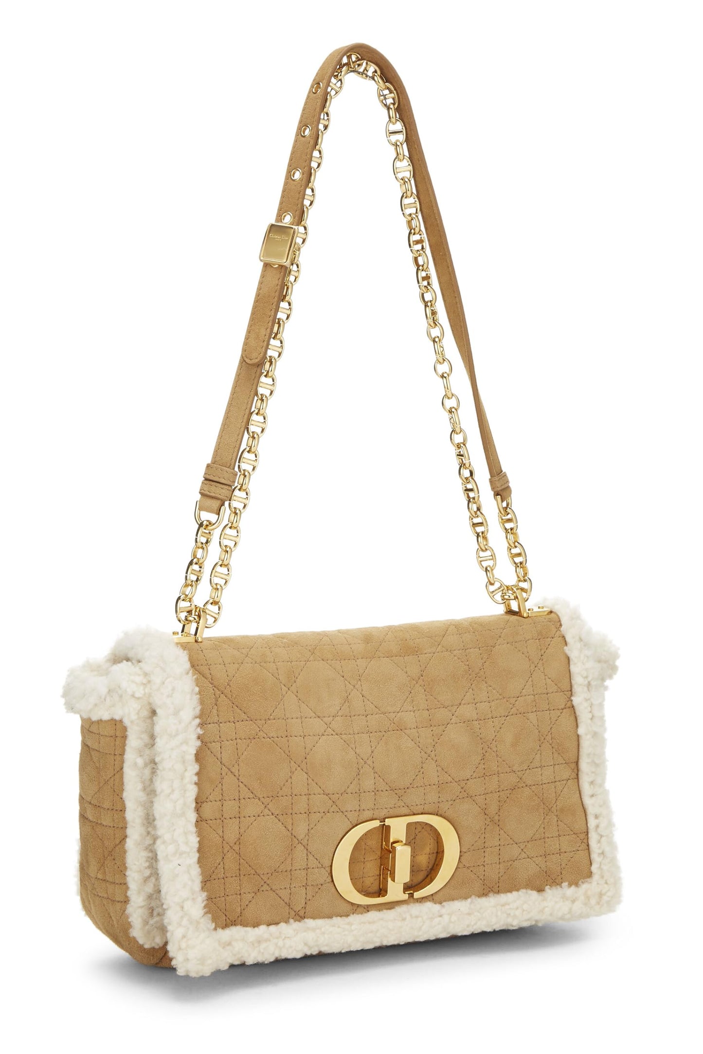 Dior,  Beige Cannage Shearling Caro Bag Medium, Brown