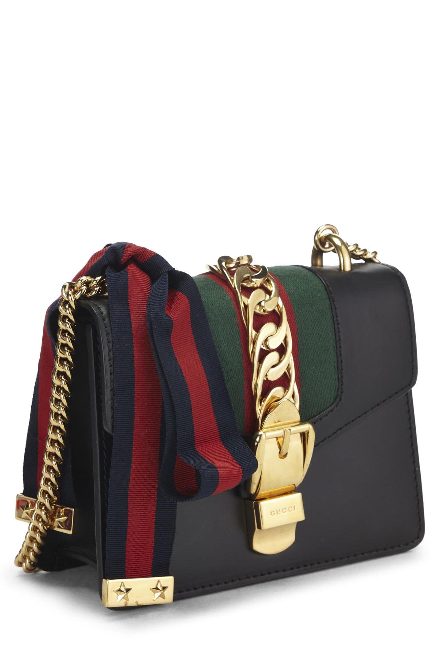 Gucci,  Black Leather Web Sylvie Chain Bag Mini, Black