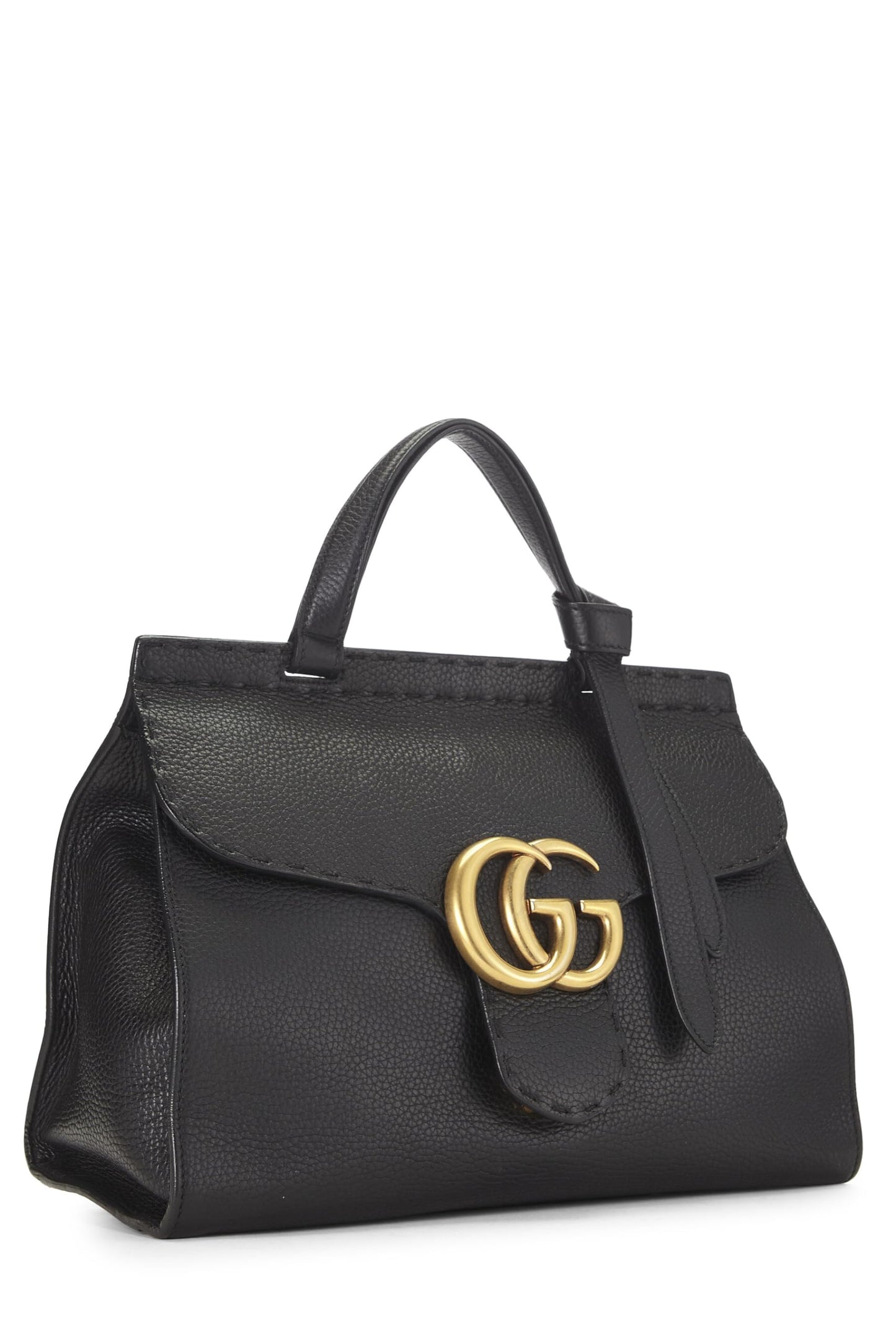 Gucci,  Black Leather GG Marmont Top Handle Flap Bag Small, Black
