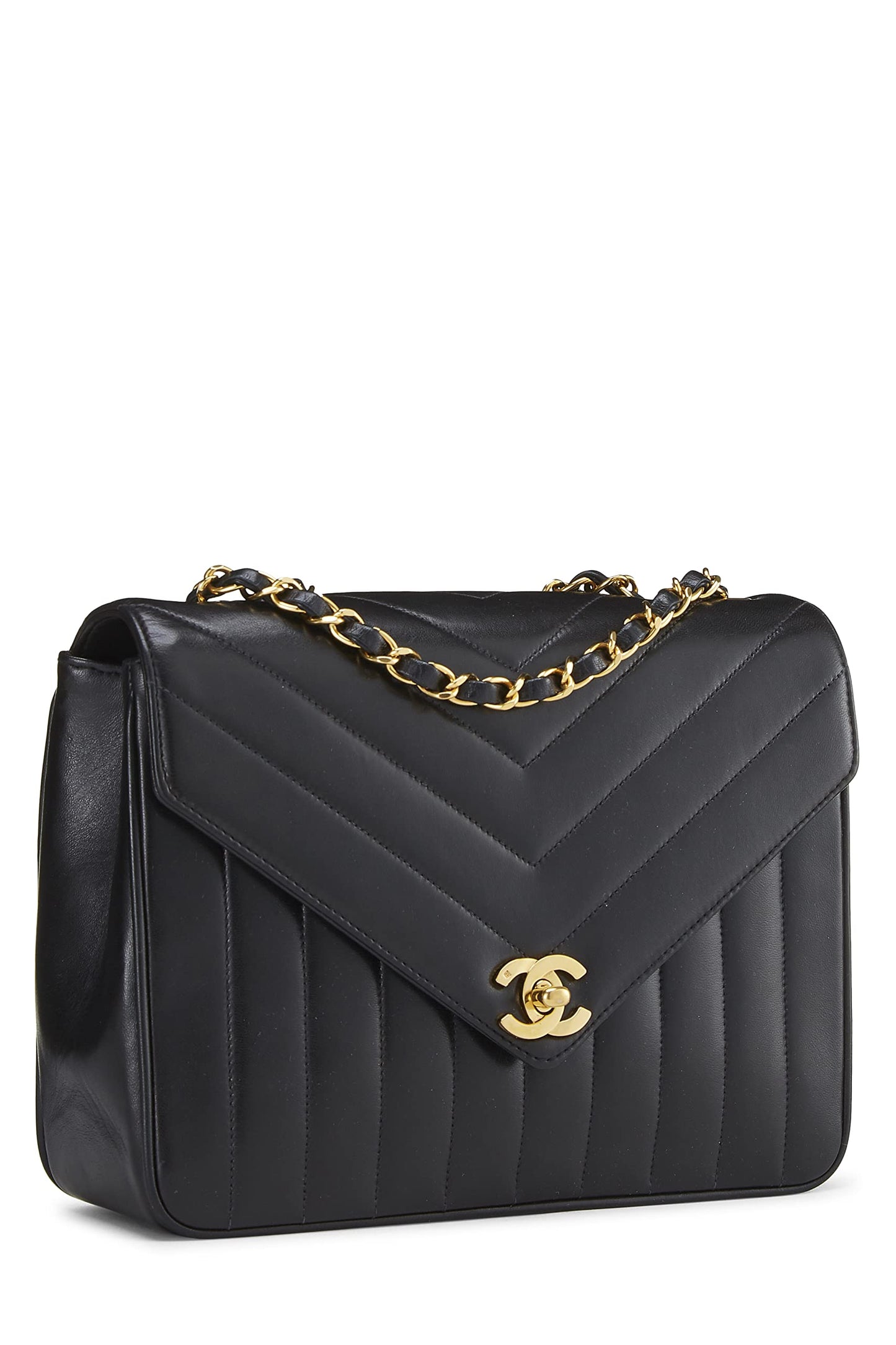 Chanel,  Black Lambskin Chevron Envelope Flap Small, Black