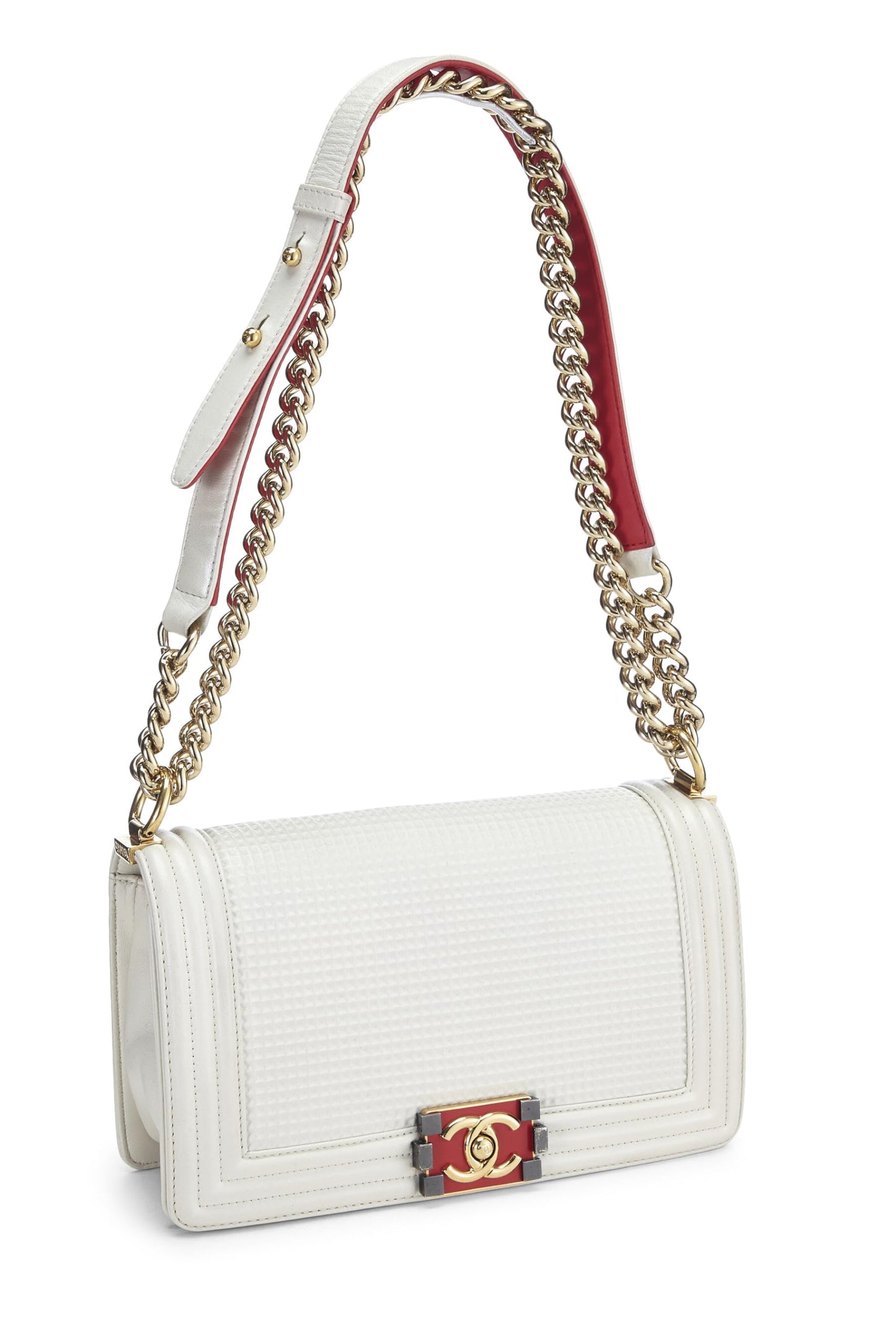 Chanel,  White Cube Embossed Calfskin Boy Bag Medium, White