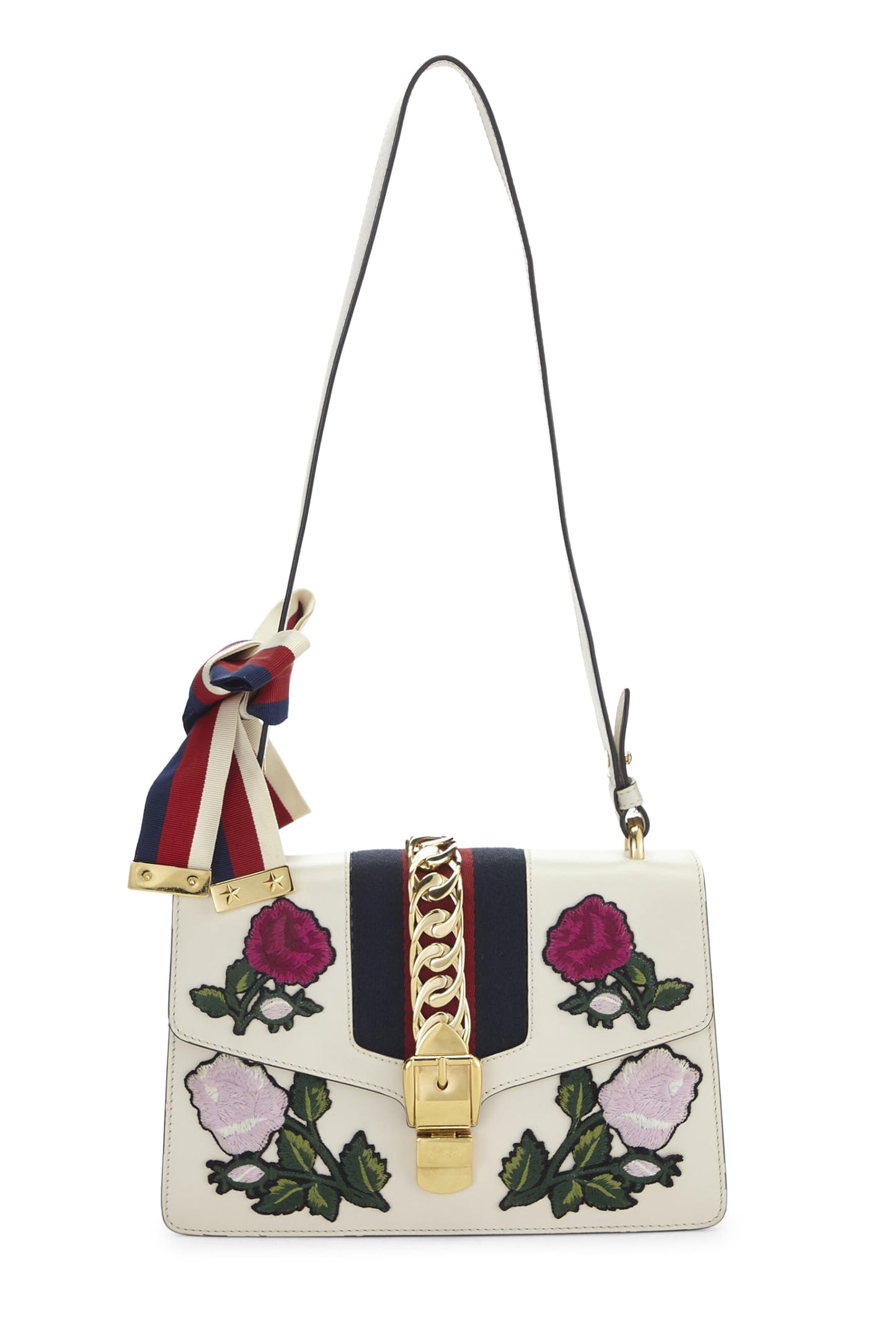 Gucci,  White Leather Embroidered Sylvie Shoulder Bag Small, White