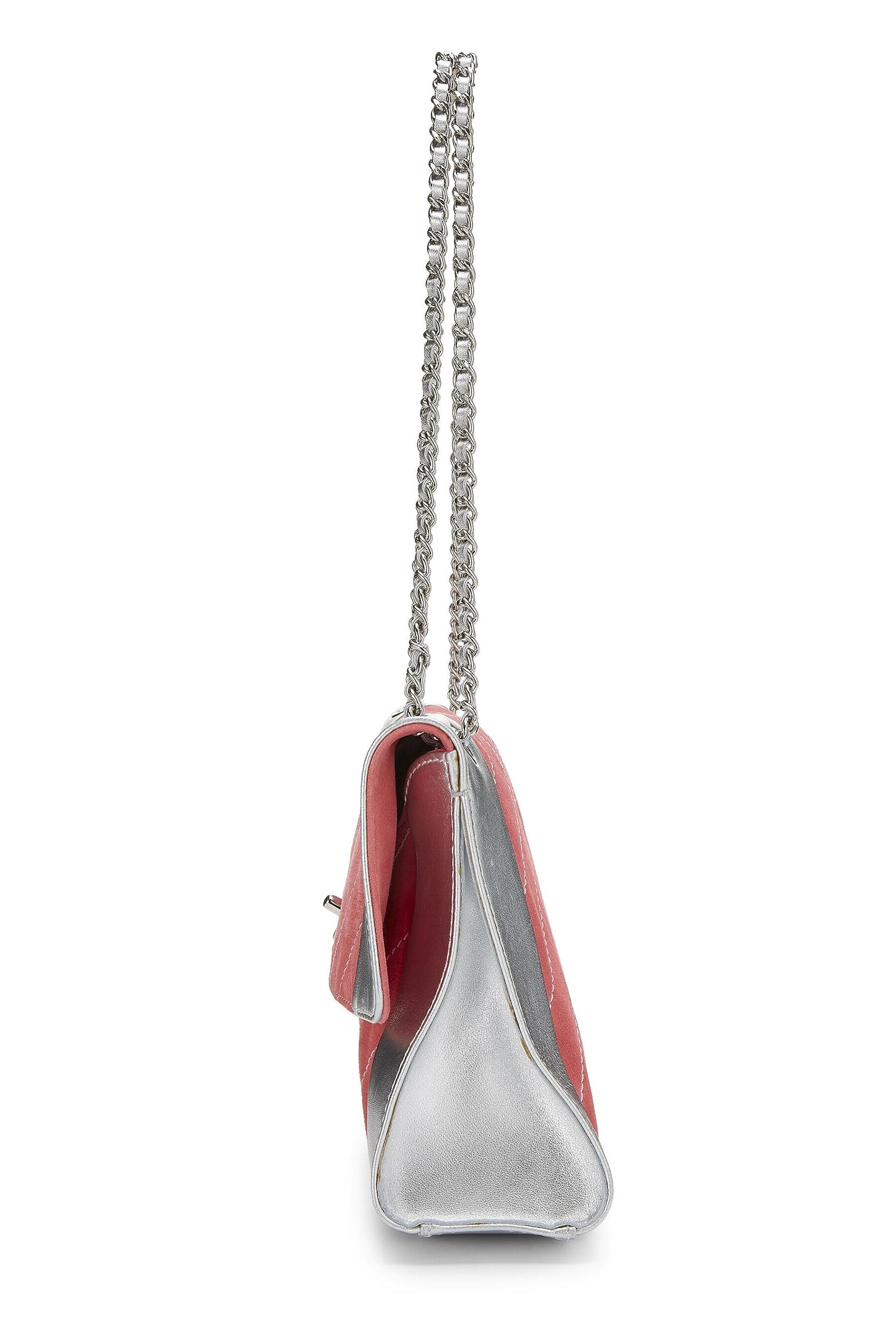 Chanel,  Pink Suede & Silver Leather Chevron Flap Medium, Pink