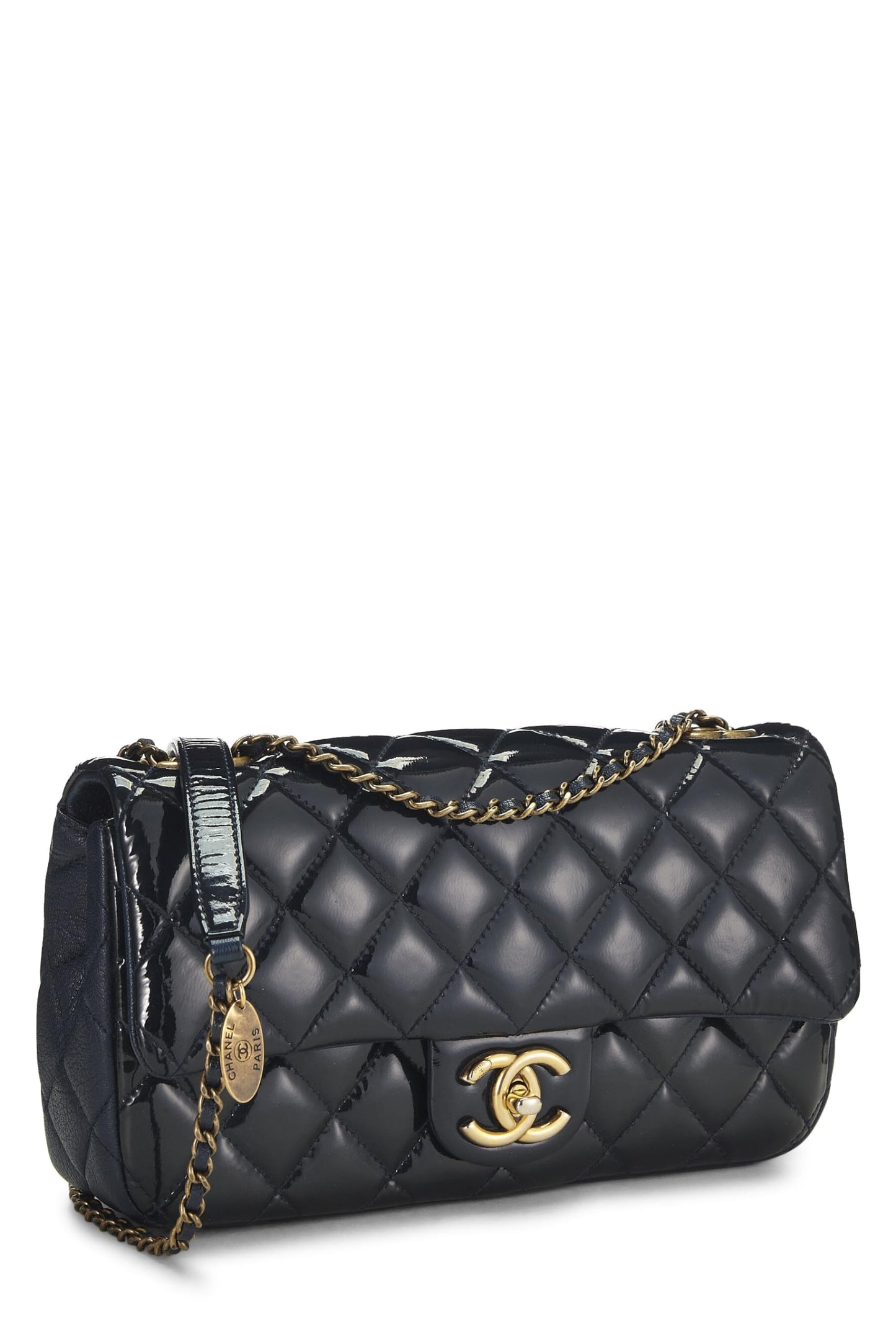Chanel,  Navy Quilted Patent Leather 'CC' Eyelet Flap Medium, Navy