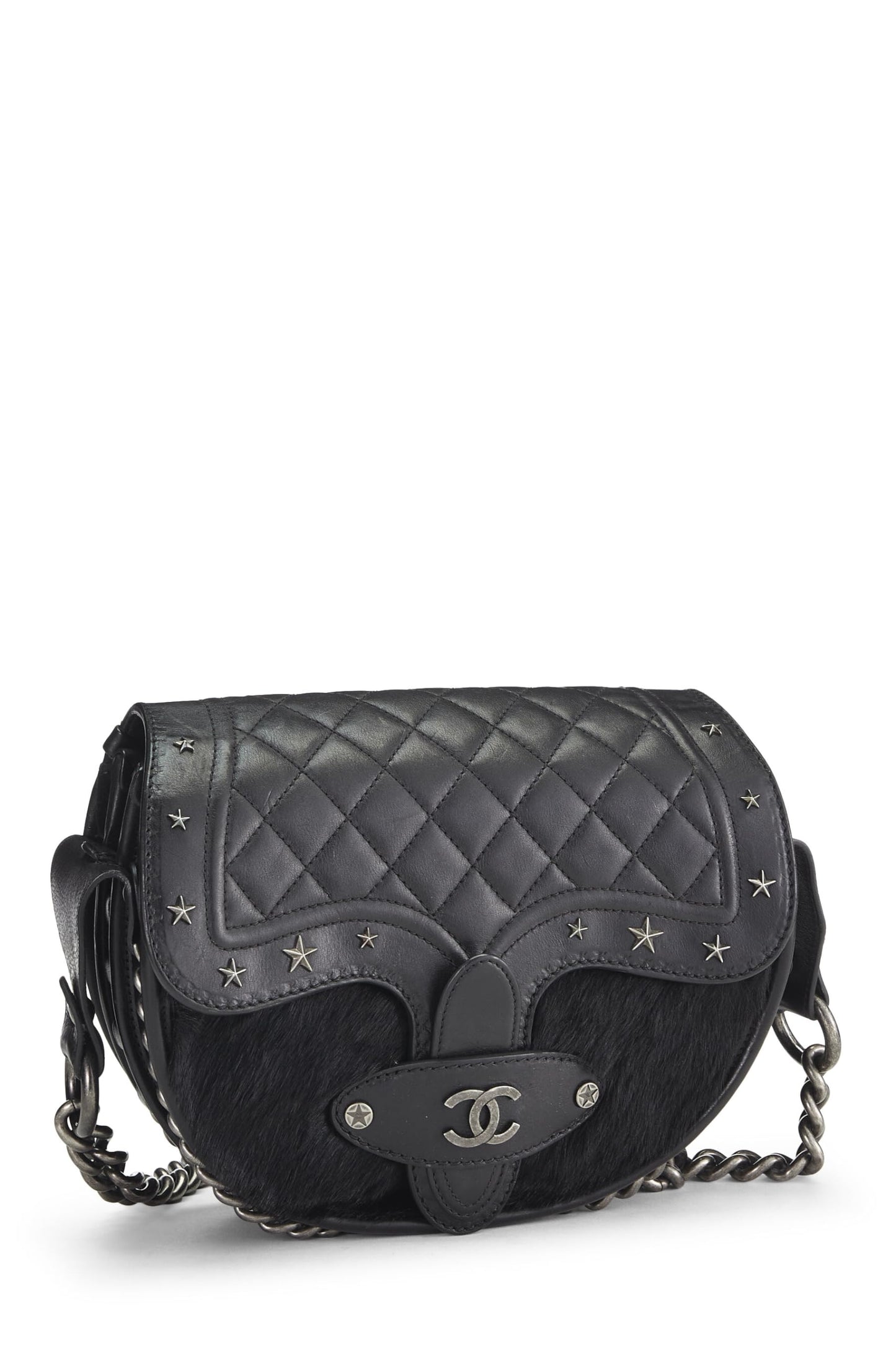 Chanel,  Paris-Dallas Black Quilted Calfskin Studded Saddle Bag, Black