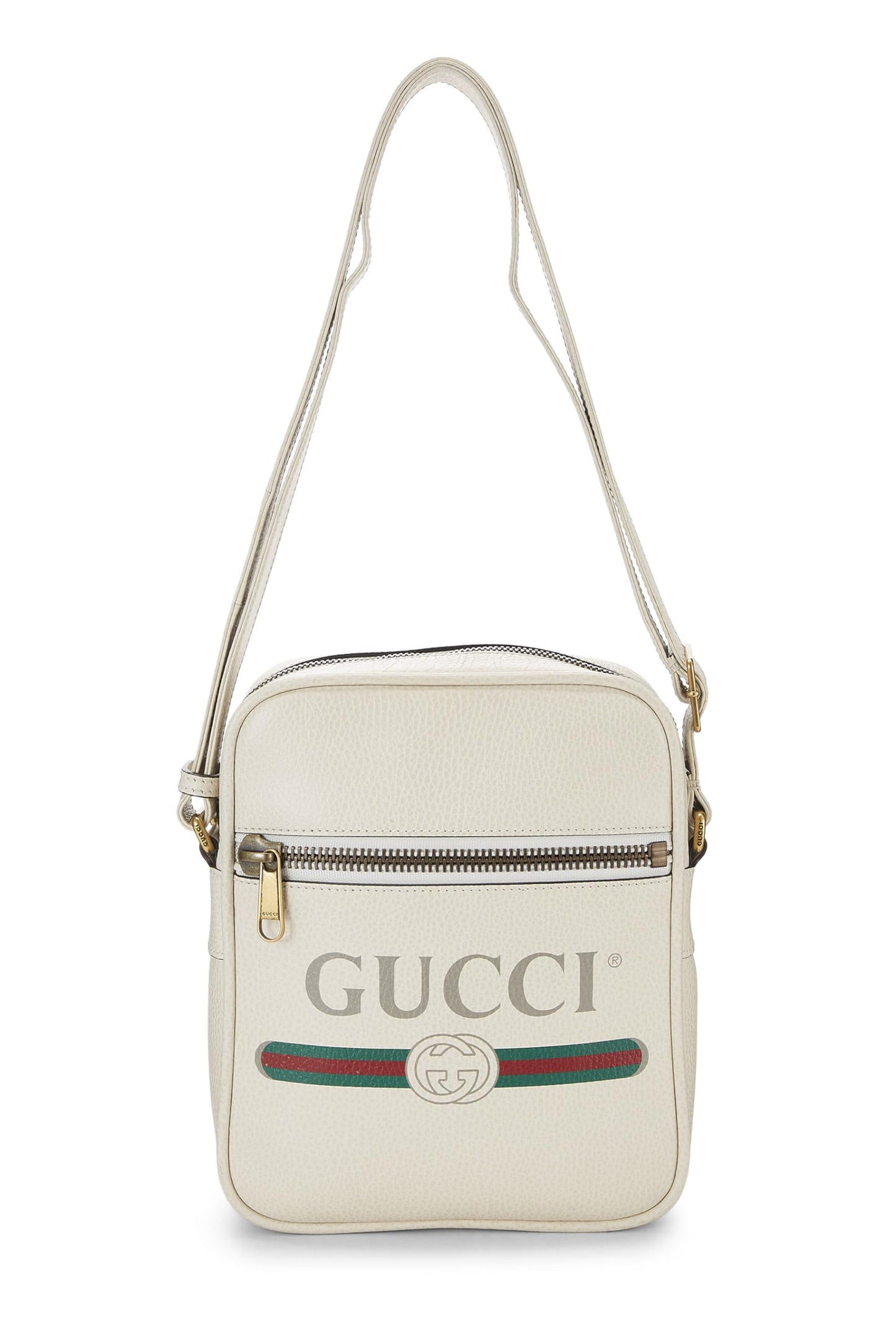 Gucci,  White Logo Print Leather Vertical Camera Bag Small, White