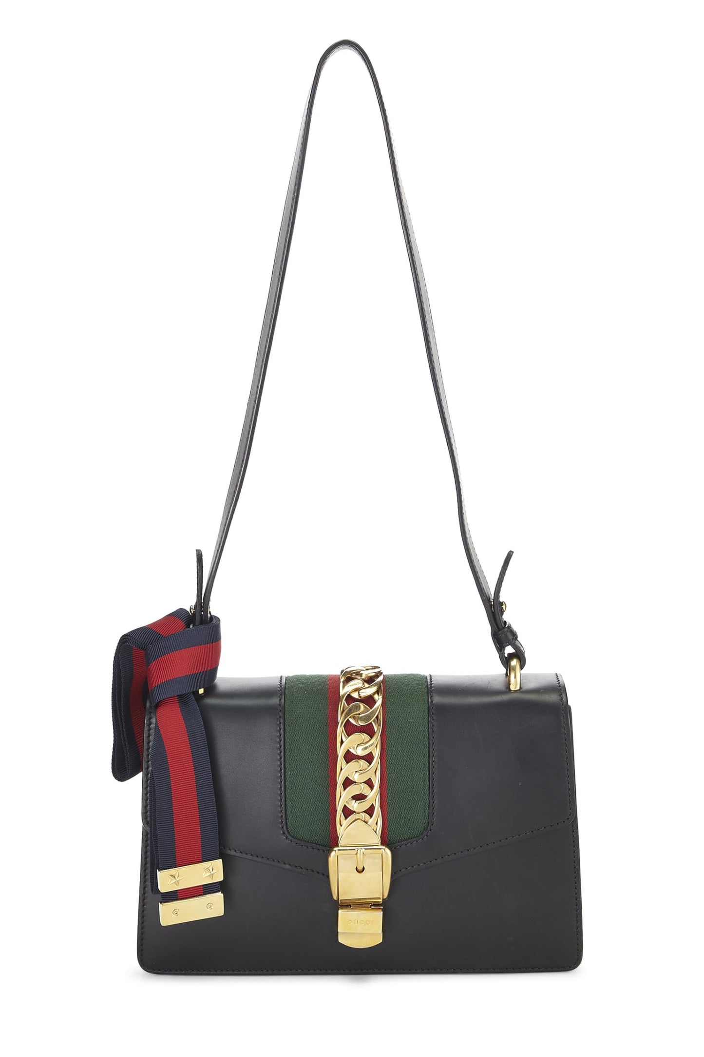Gucci,  Black Leather Web Sylvie Shoulder Small, Black