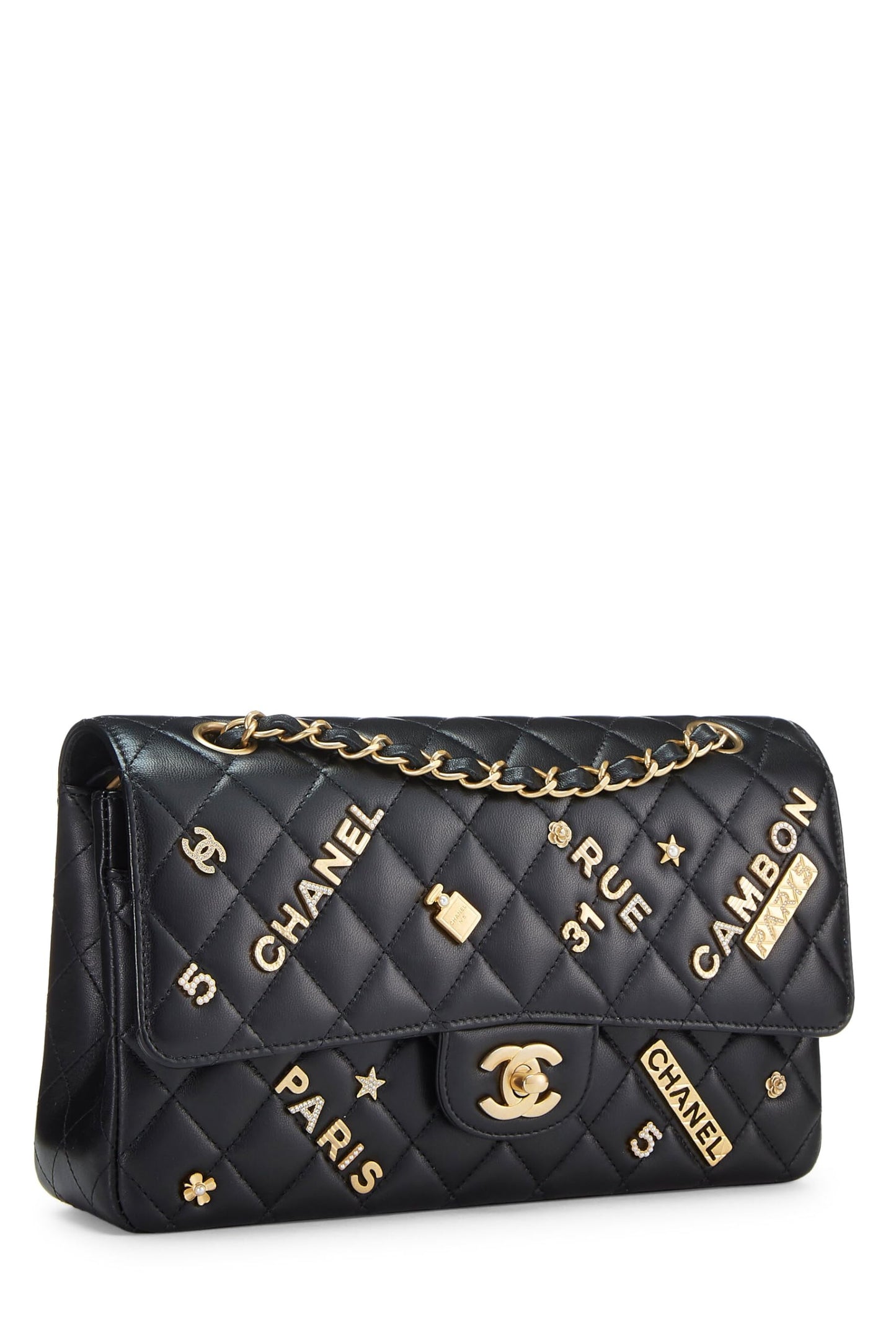 Chanel,  Black Lambskin Lucky Charm Double Flap Medium, Black