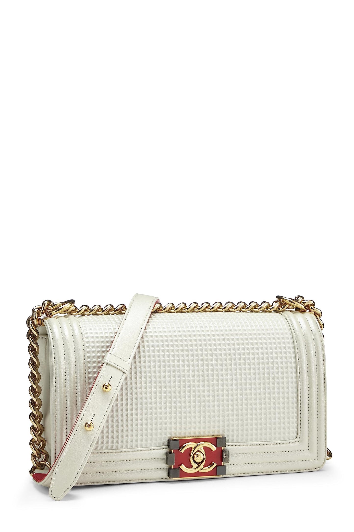 Chanel,  White Cube Embossed Leather Boy Bag Medium, White