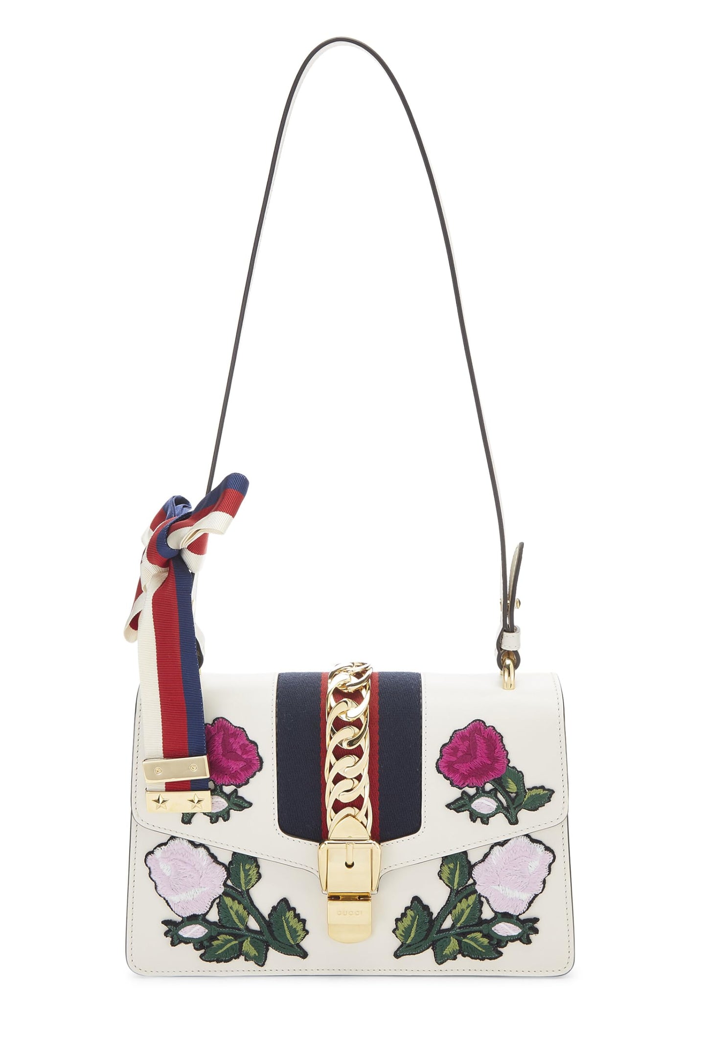 Gucci,  White Floral Embroidered Leather Sylvie Shoulder Bag Small, White