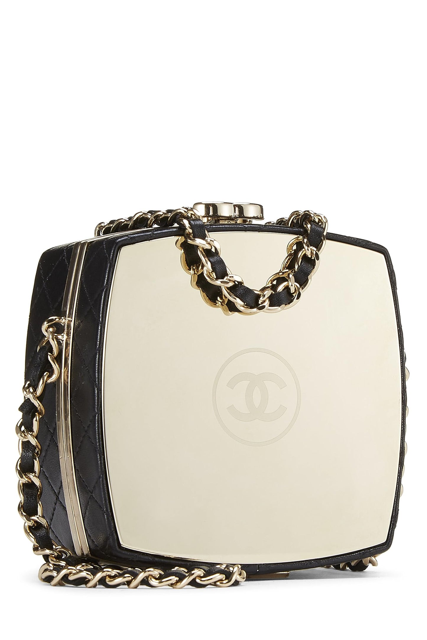 Chanel,  Black Lambskin Powder Clutch On Chain, Black