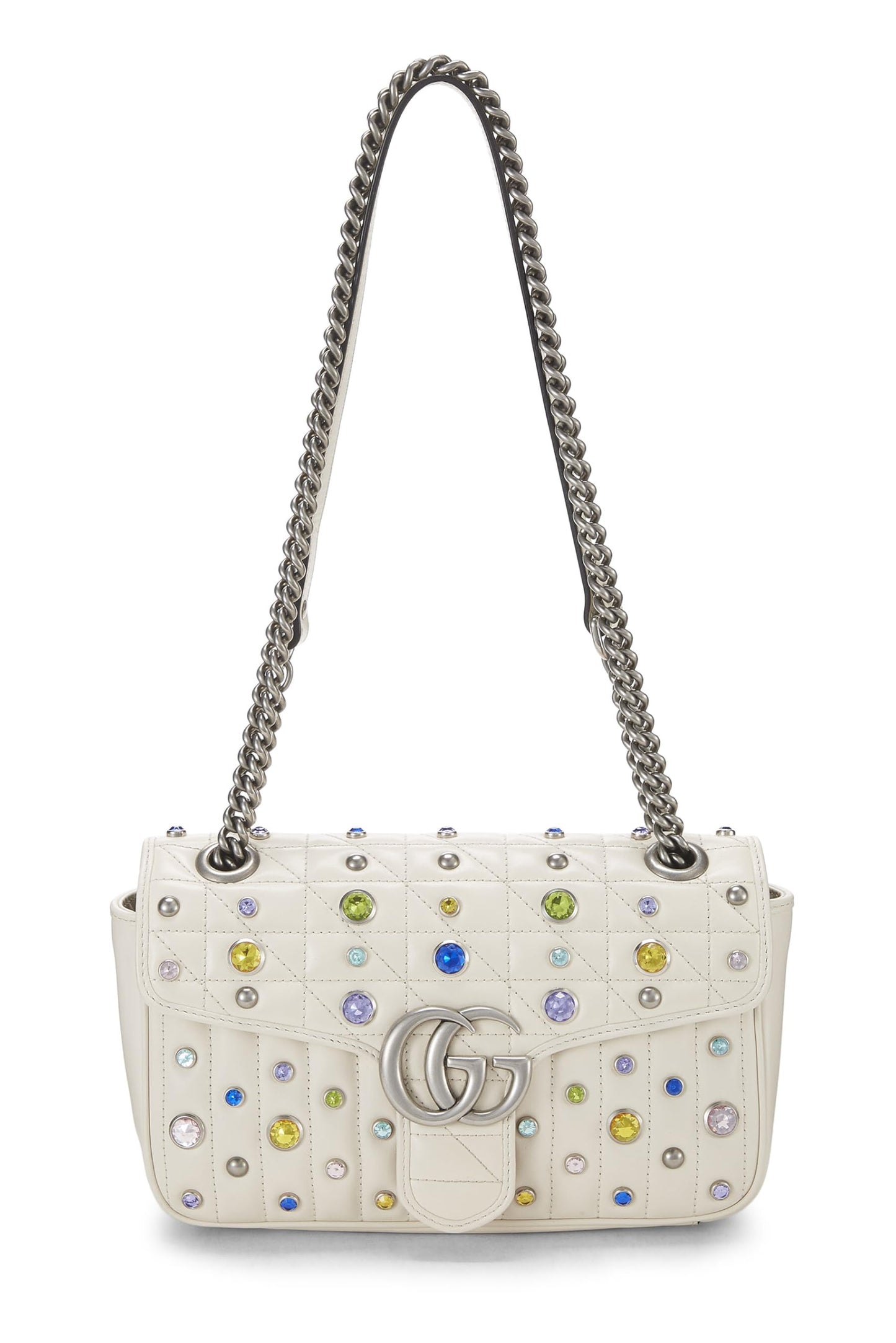 Gucci,  White Leather Crystal Embellished GG Marmont Shoulder Bag, White