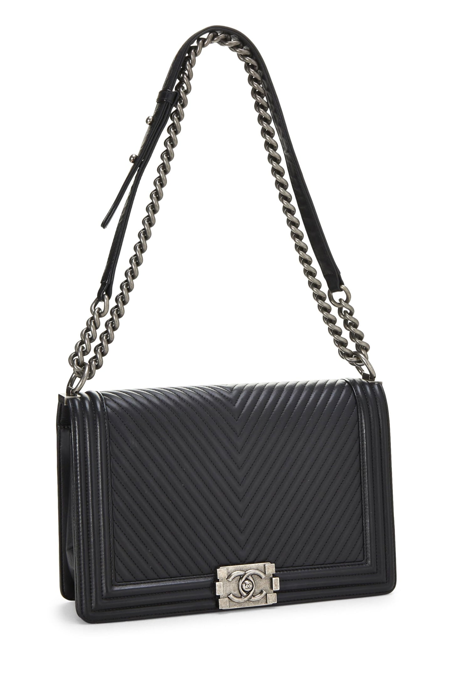 Chanel,  Black Chevron Calfskin Boy Bag Medium, Black