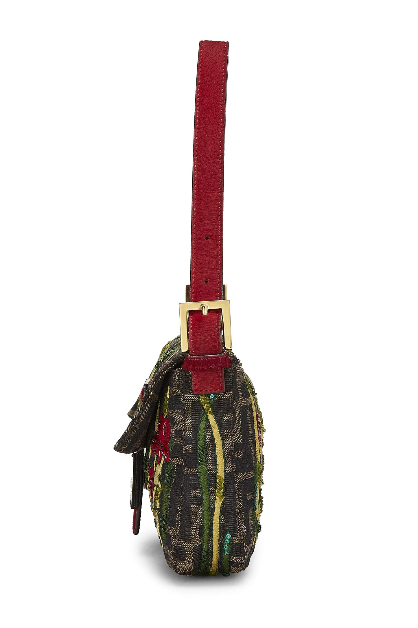Fendi,  Brown Zucca Canvas Embroidered Baguette, Red