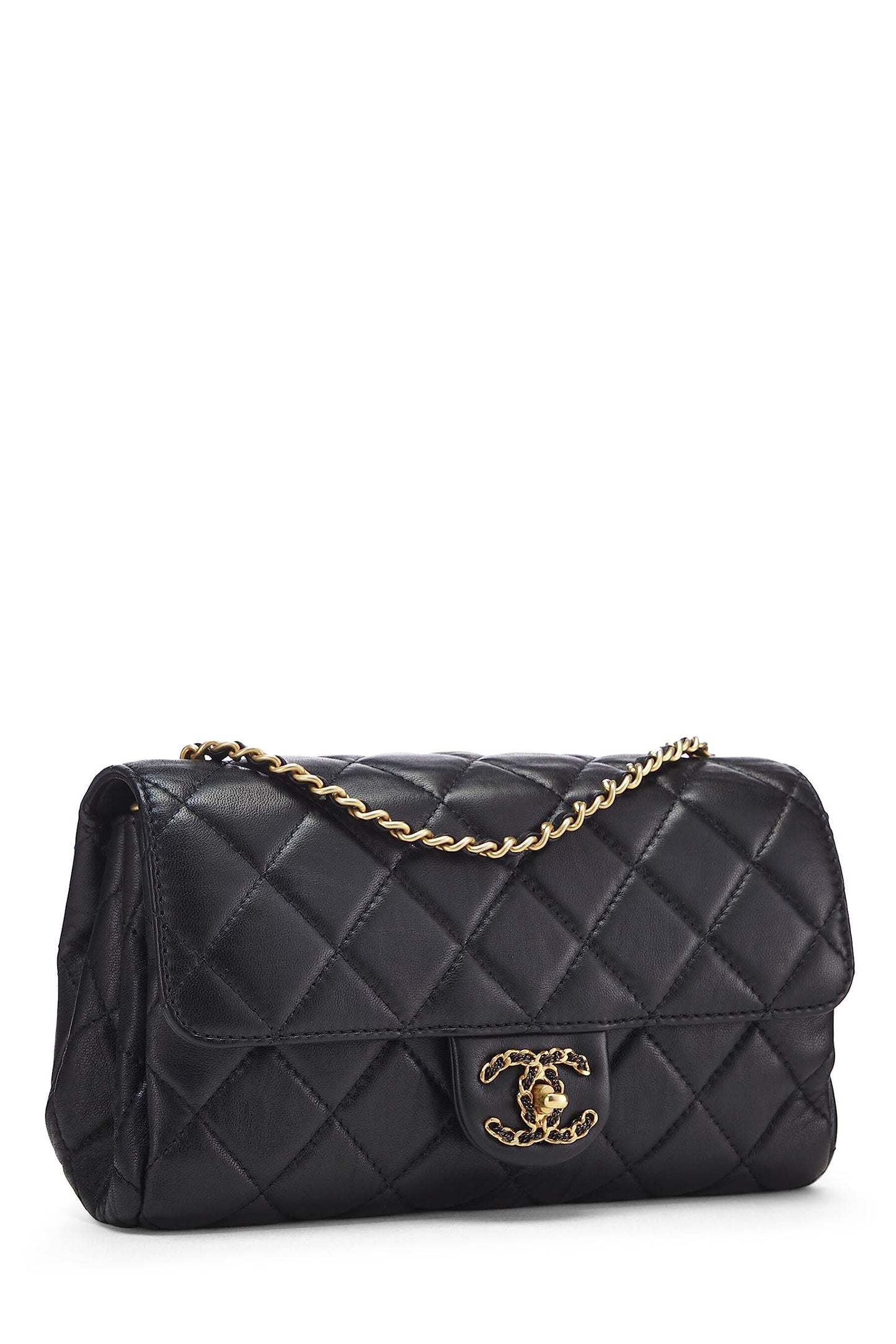 Chanel,  Black Quilted Lambskin Chain Flap Small, Black