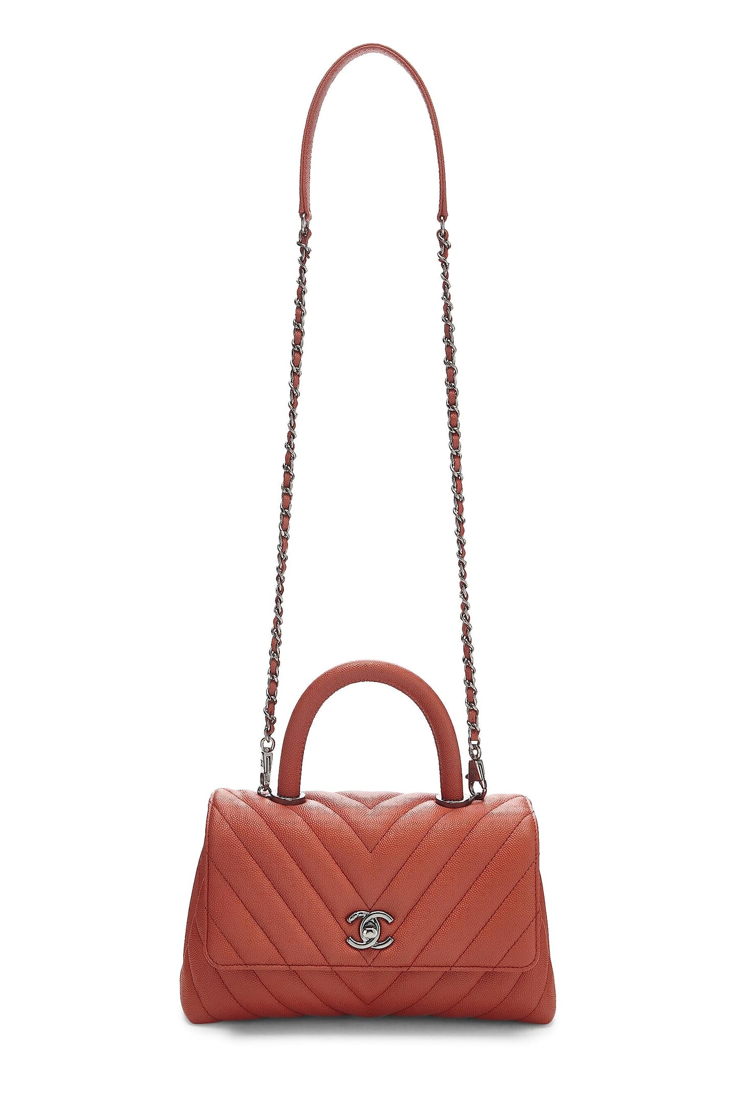 Chanel,  Orange Chevron Caviar Coco Handle Bag Small, Orange