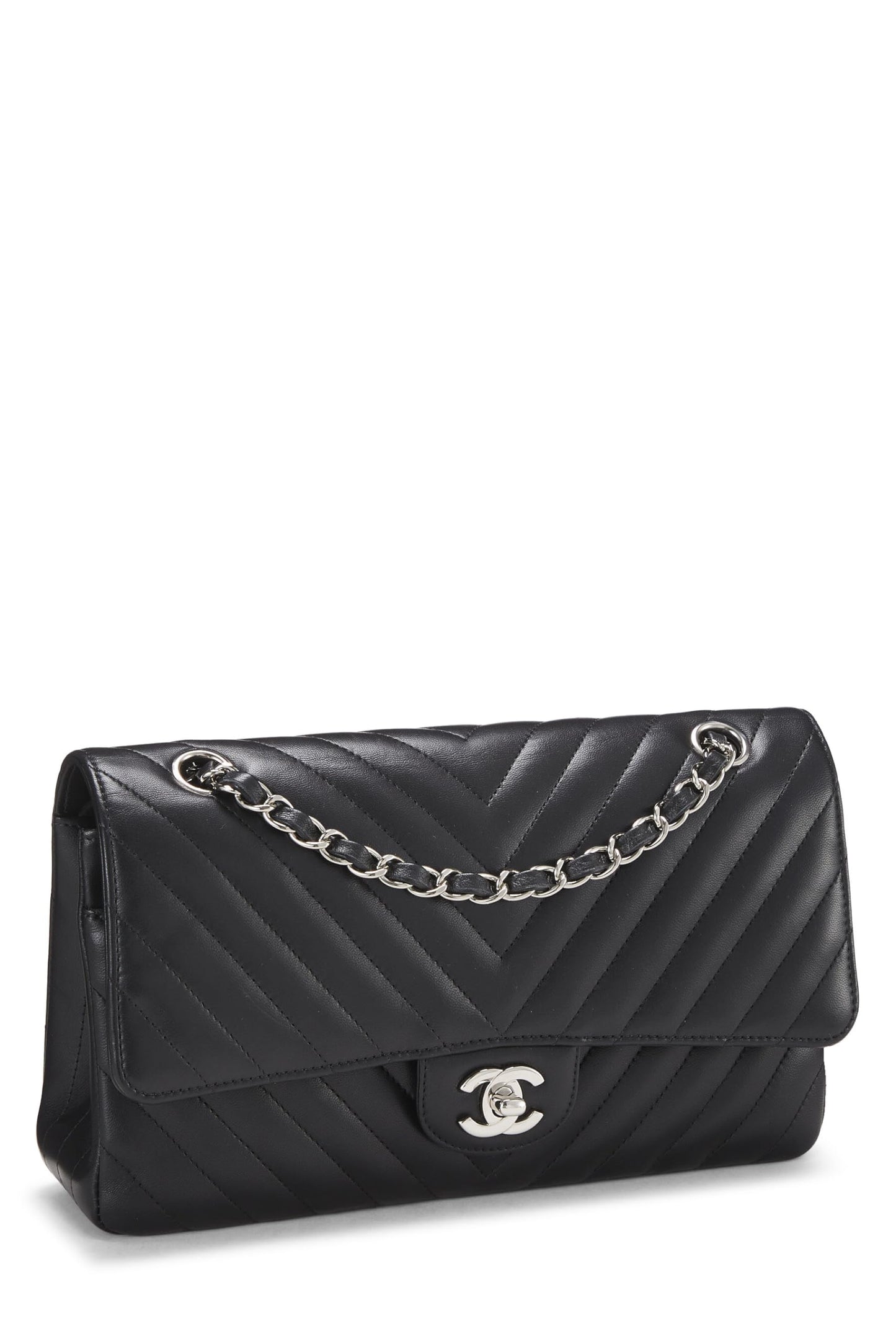 Chanel,  Black Chevron Lambskin Classic Double Flap Medium, Black