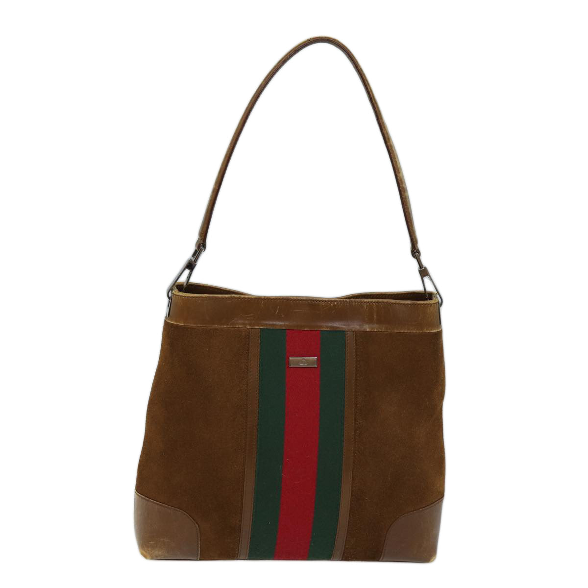 GUCCI Web Sherry Line Shoulder Bag Suede Brown Red Green 33900 72093