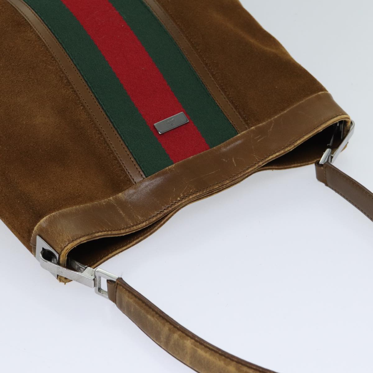 GUCCI Web Sherry Line Shoulder Bag Suede Brown Red Green 33900 72093