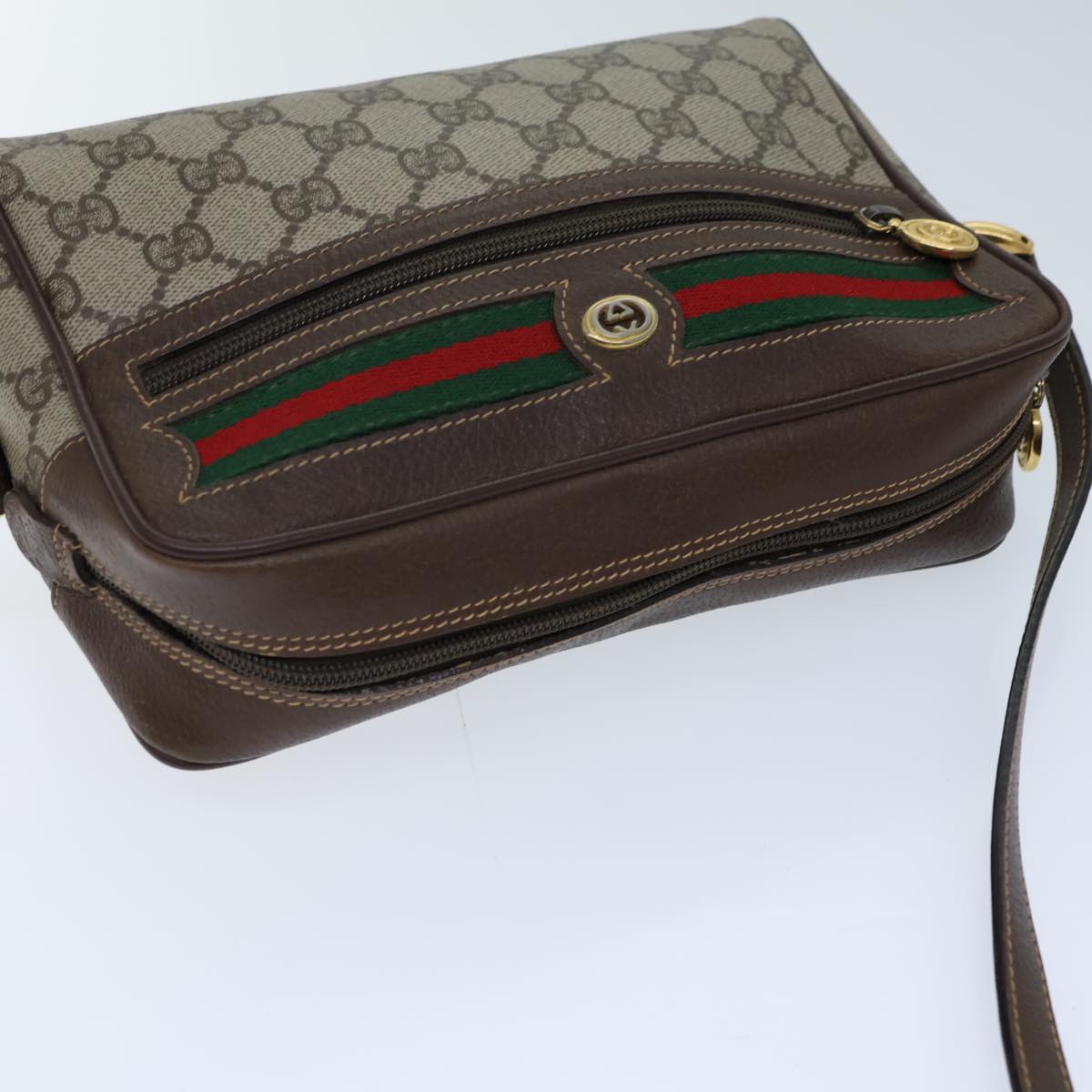 GUCCI GG Canvas Web Sherry Line Shoulder Bag PVC Beige Green Red 72150