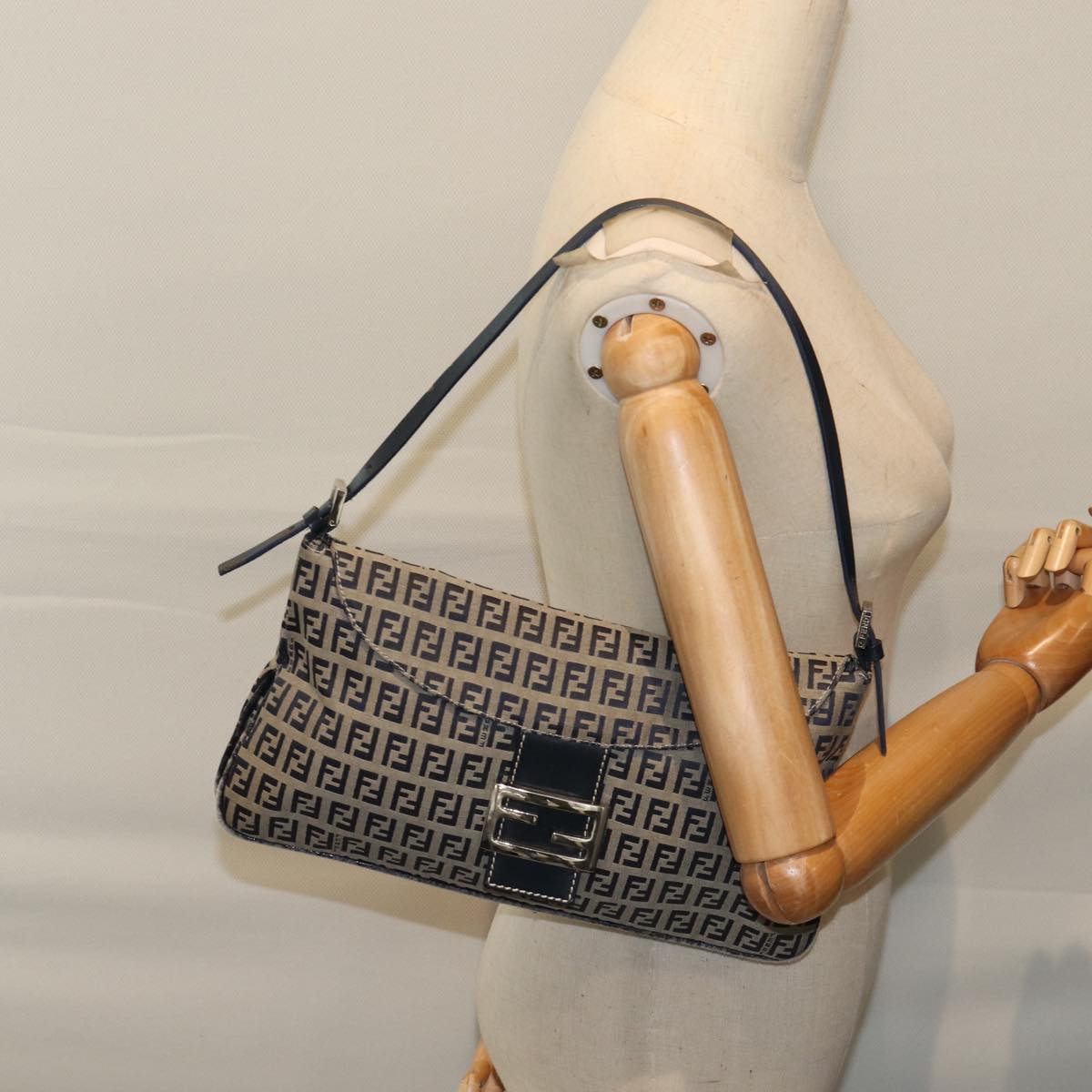 FENDI Zucchino Canvas Mamma Baguette Shoulder Bag Navy 72416