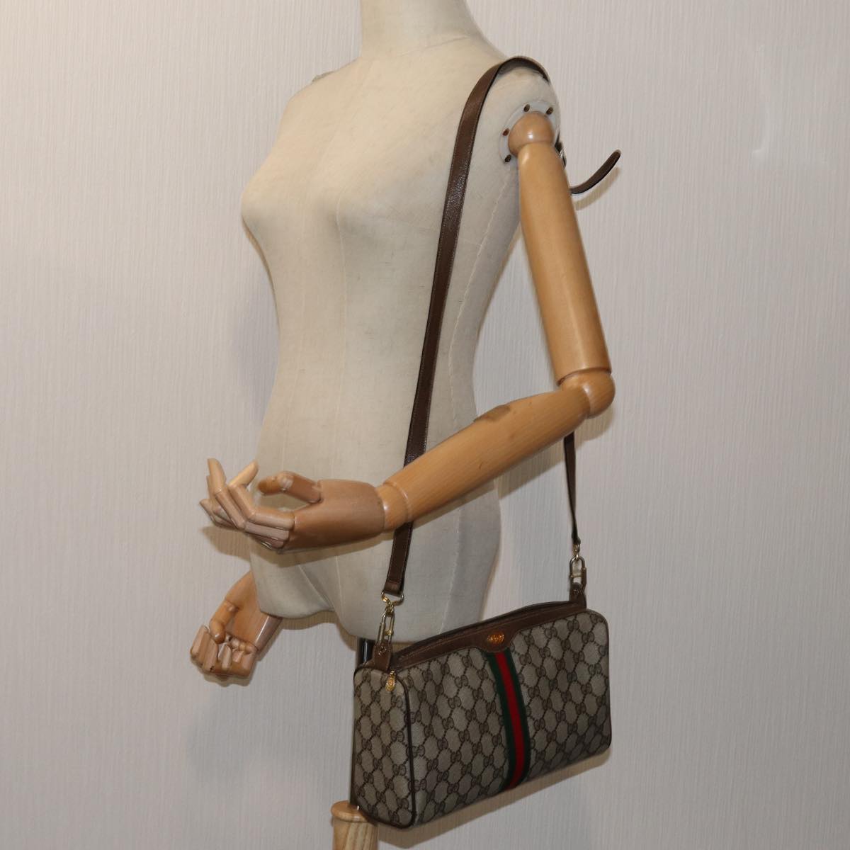 GUCCI GG Canvas Web Sherry Line Shoulder Bag PVC Beige Green Red 72609