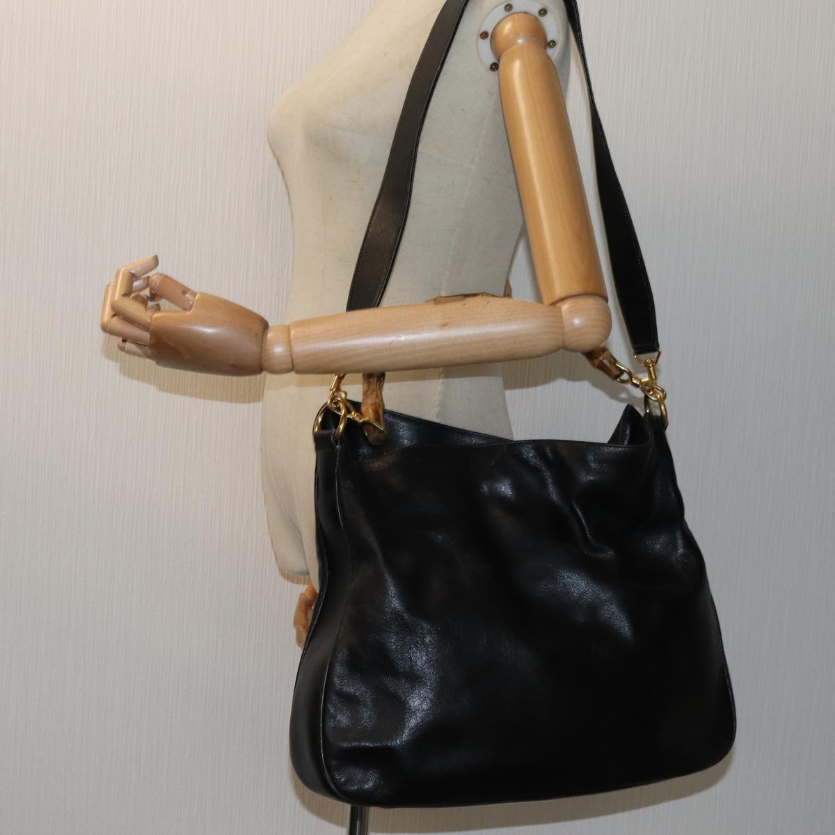 GUCCI Bamboo Hand Bag Leather 2way Black 001 1638 72735