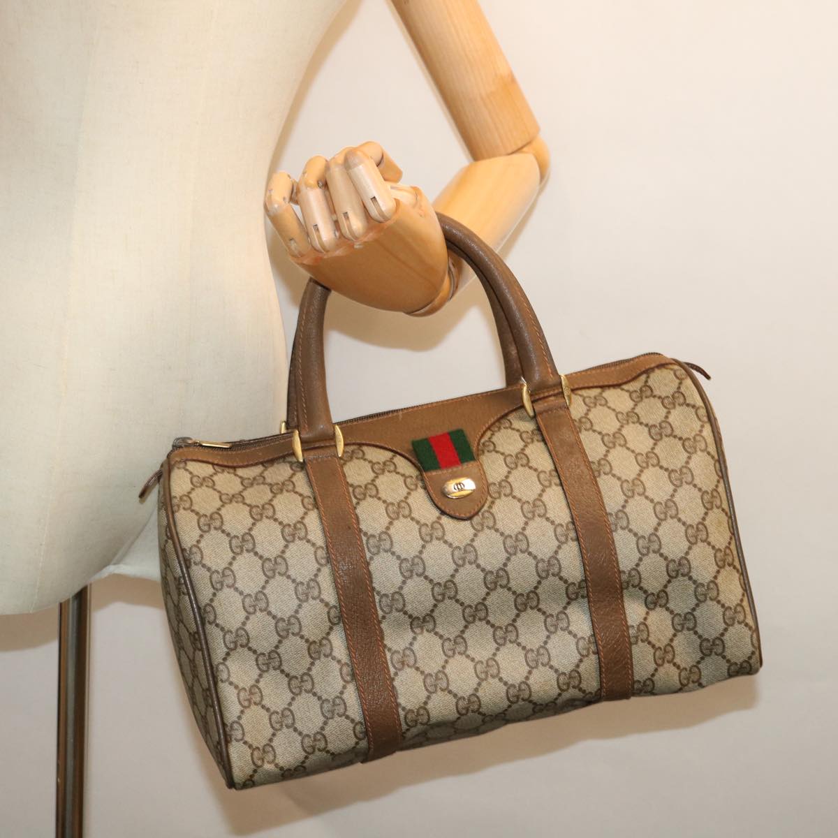 GUCCI GG Canvas Web Sherry Line Boston Bag PVC Beige Green Red 72785
