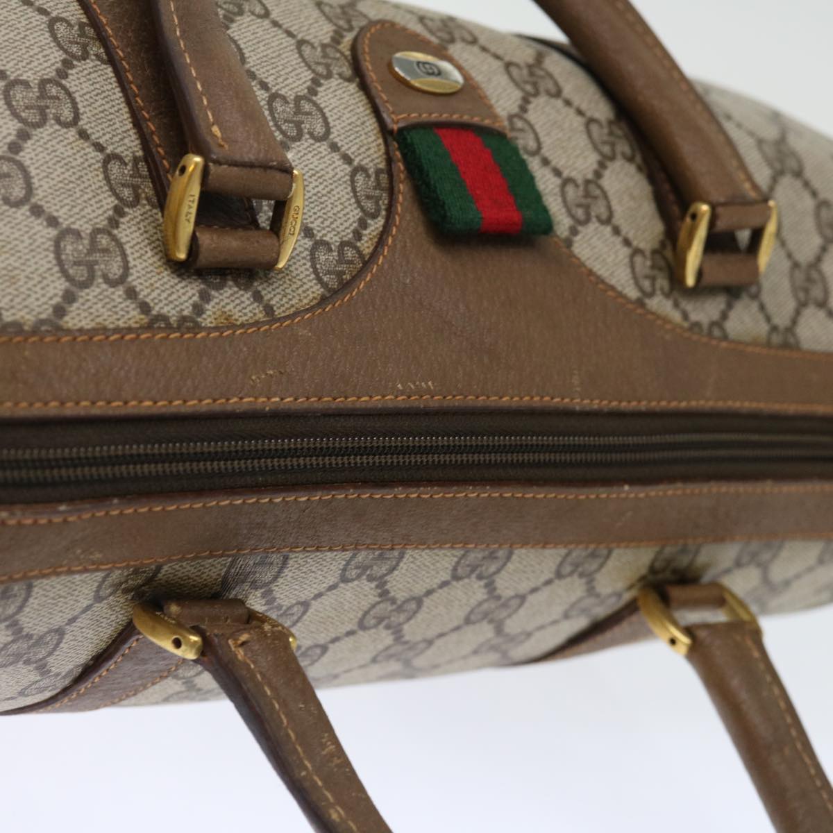 GUCCI GG Canvas Web Sherry Line Boston Bag PVC Beige Green Red 72785